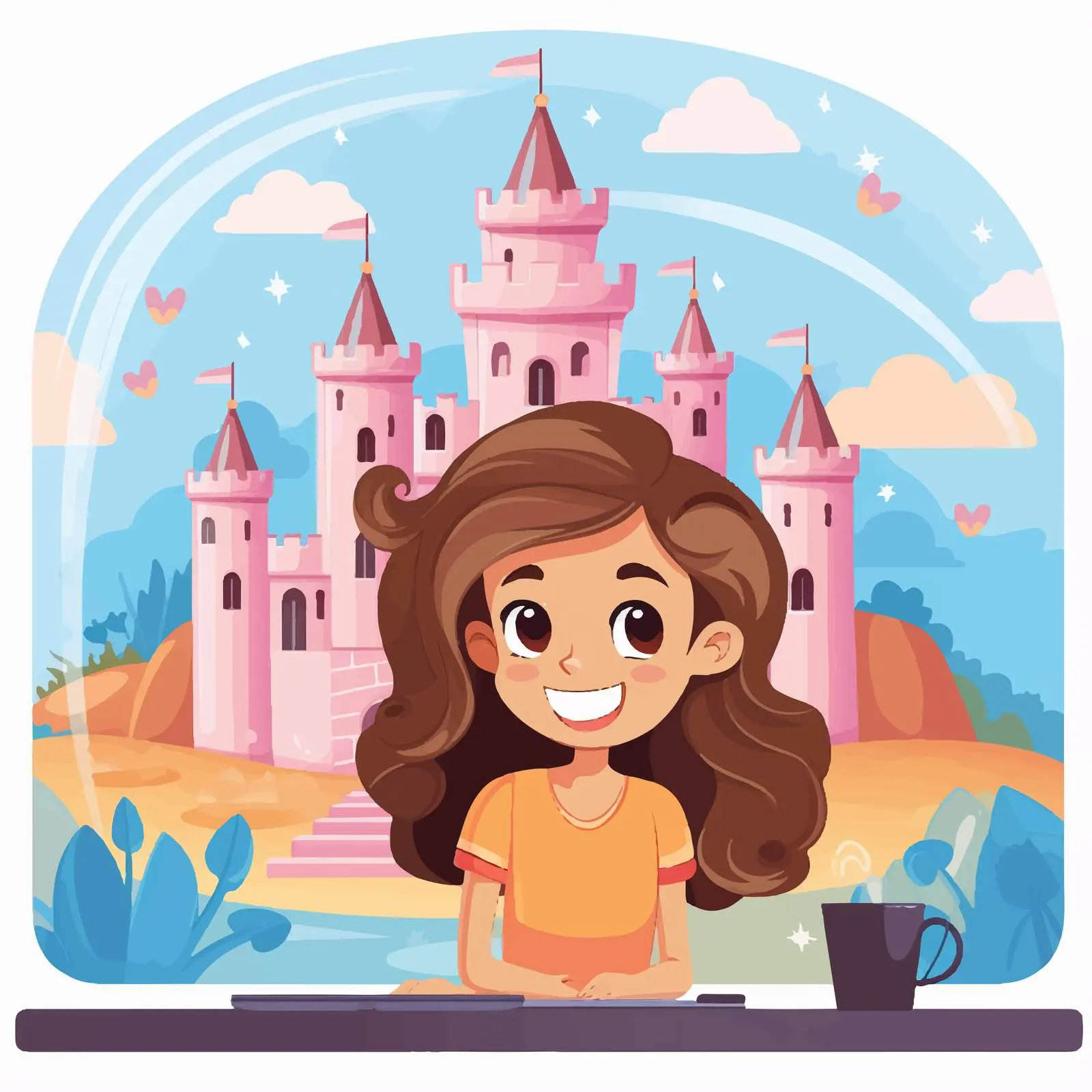 Happy Girl Next to Computer with Castle Background — free download from Dotvec
