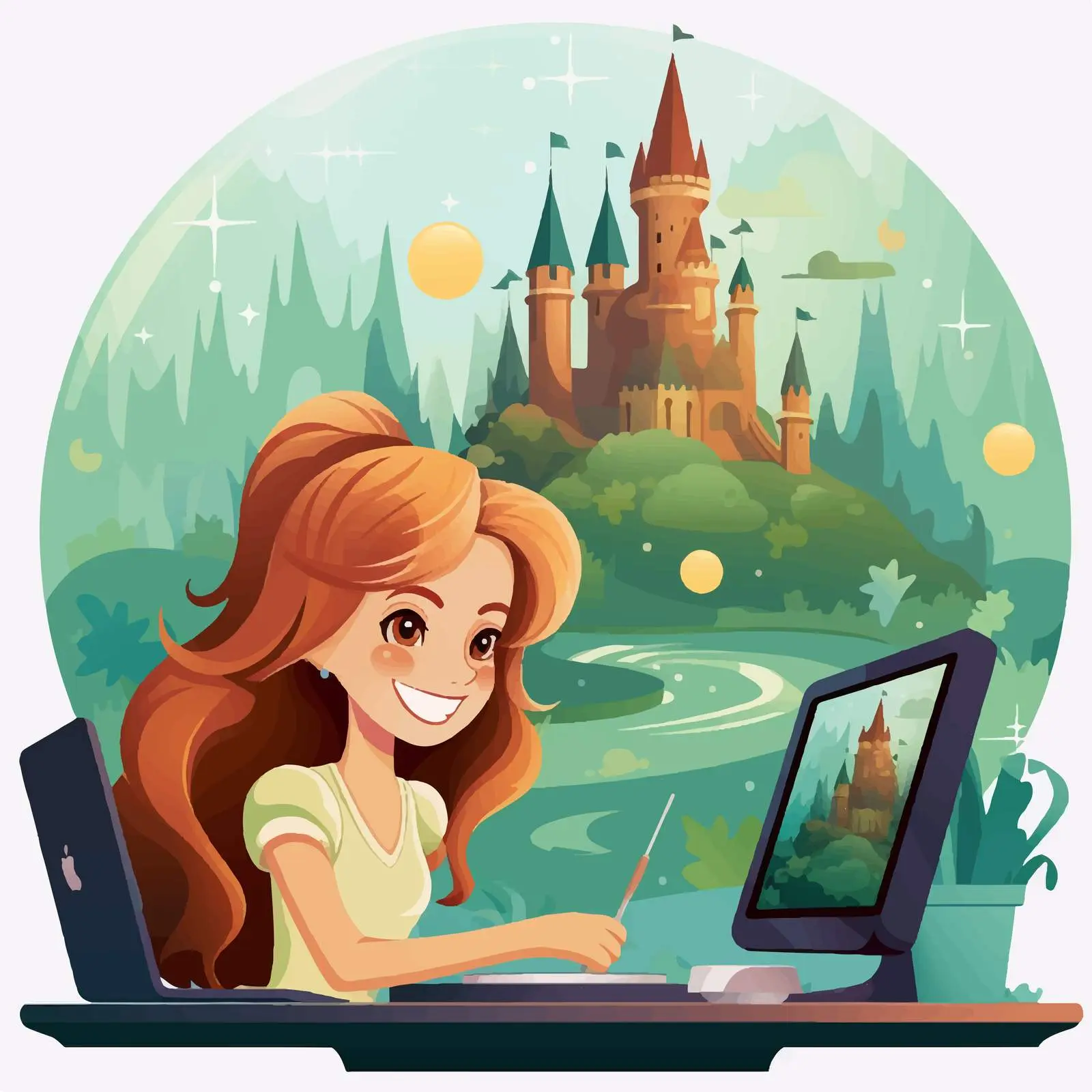 Happy Girl by Computer with Castle Background — free download from Dotvec