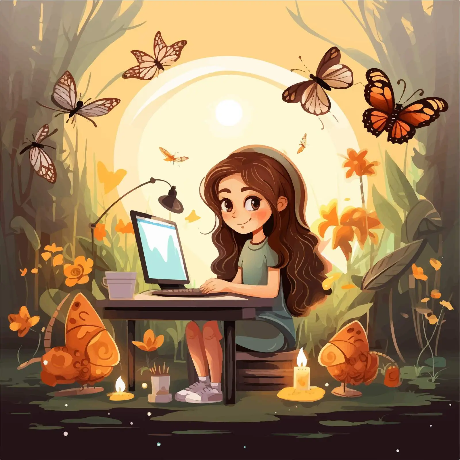 Magical Scene of Happy Girl by Computer — free download from Dotvec