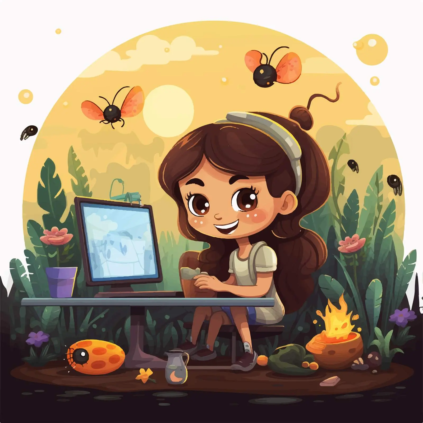 Happy Girl in Magical Land with Computer — free download from Dotvec
