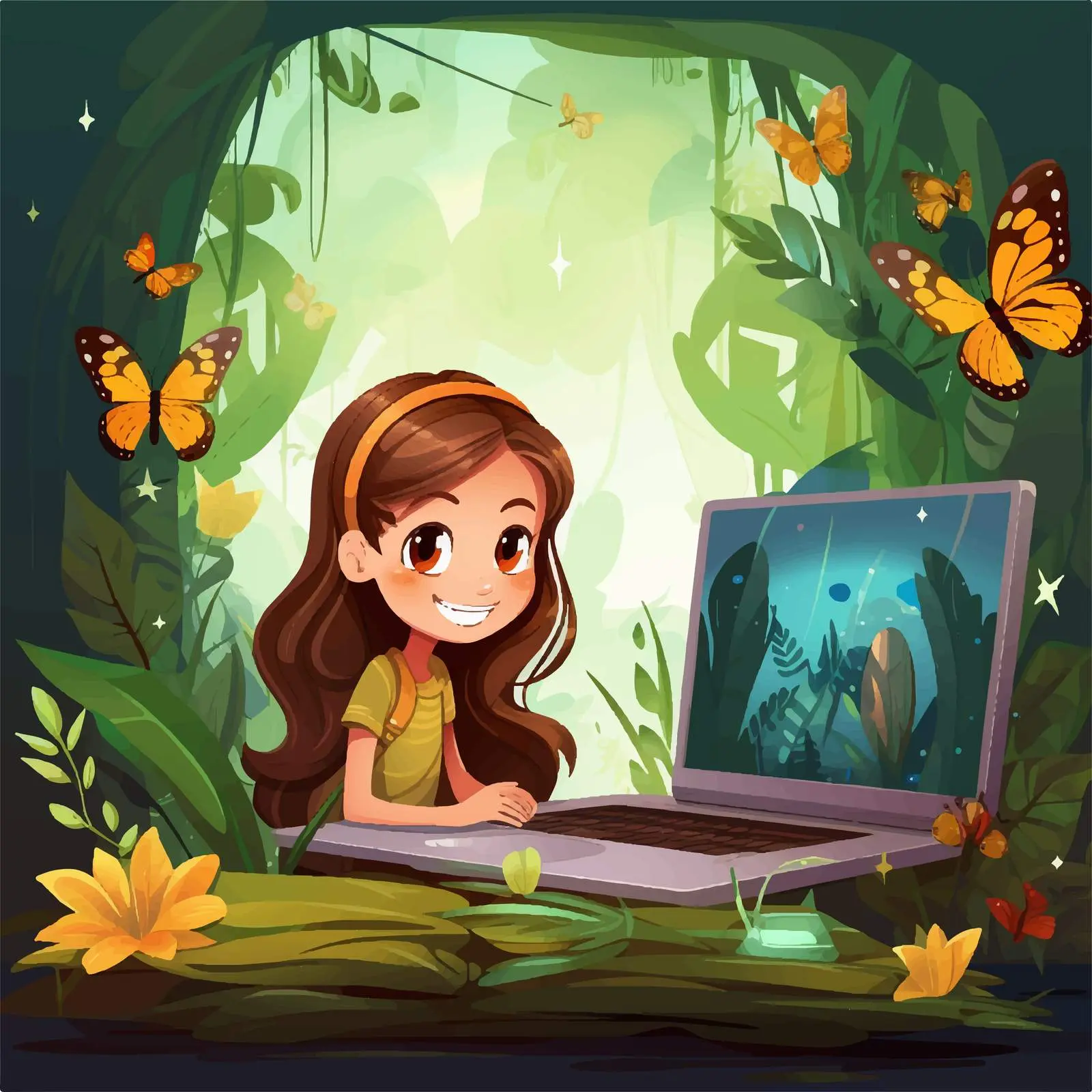 Happy Girl in Magical Land with Computer – free design pack image from Dotvec