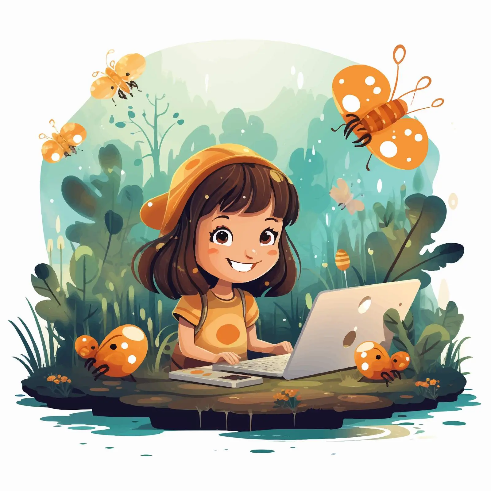 Happy Girl in Magical Land with Computer — free download from Dotvec