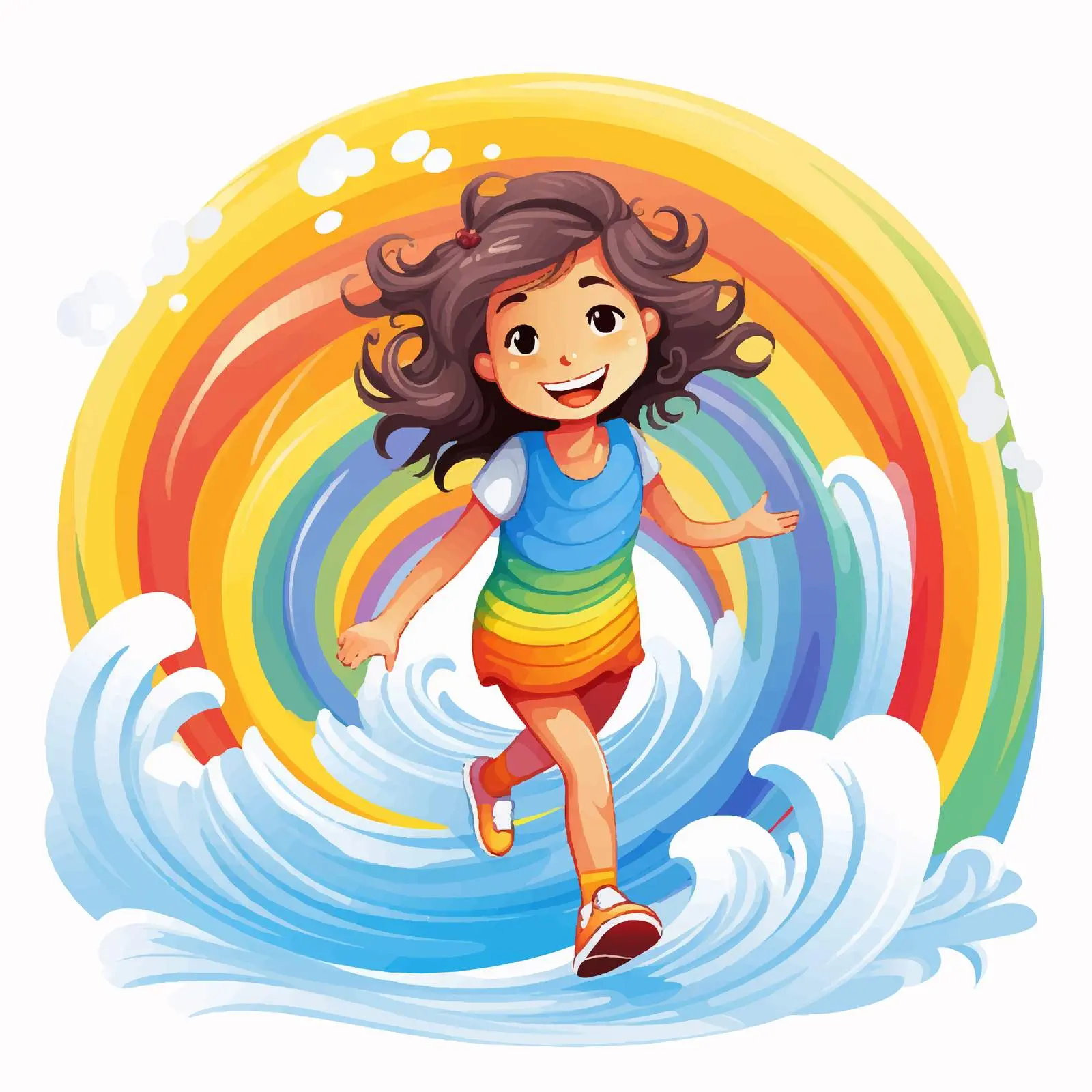 Joyful Girl Riding Rainbow Wave Vector Art – free happy vibes image from Dotvec