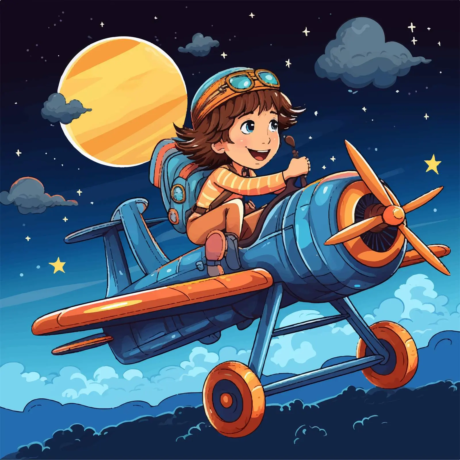 Girl Flying a Plane at Night Illustration — free download from Dotvec