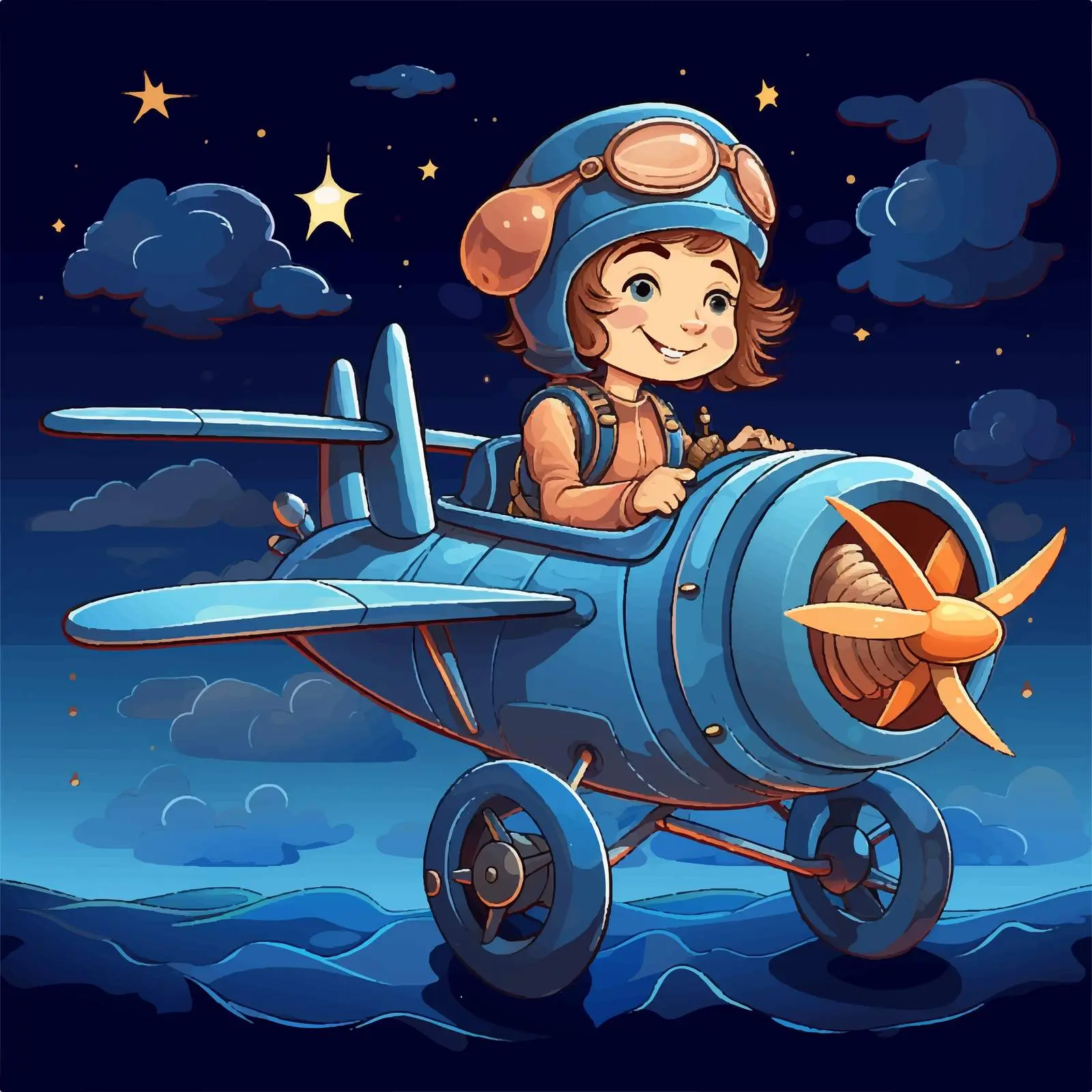 Girl Flying Airplane at Night Illustration — free download from Dotvec