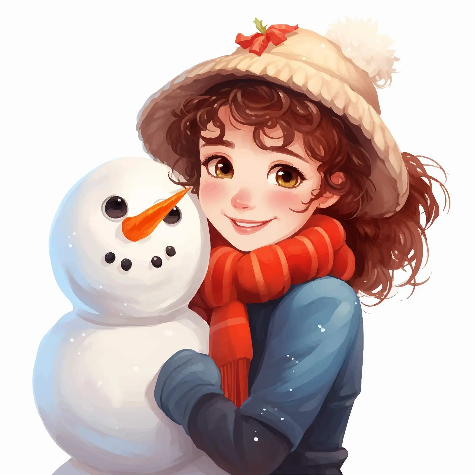 Happy Girl with Snowman Cartoon Illustration — free download from Dotvec
