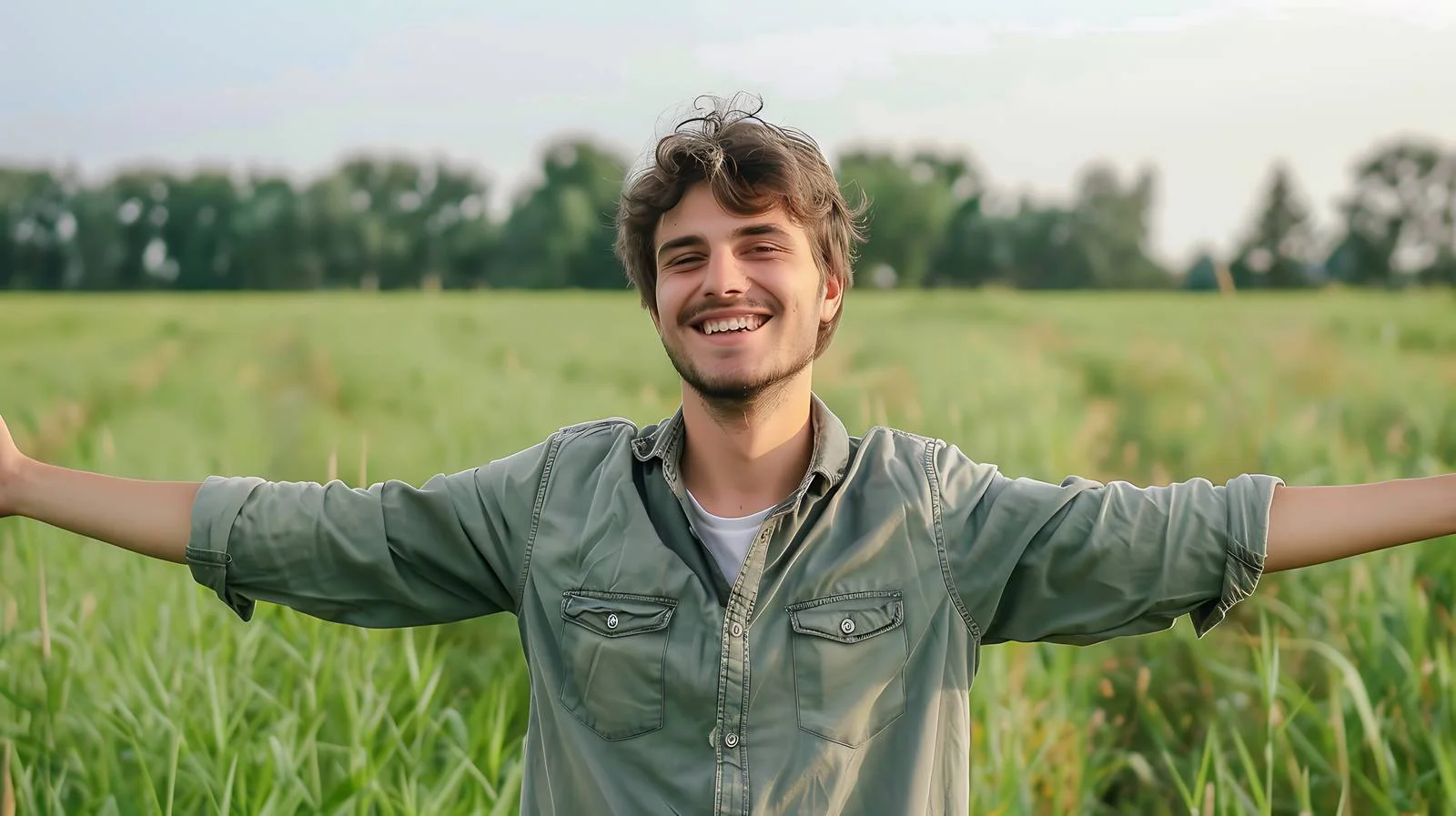 Joyful man in vibrant meadow — free download from Dotvec