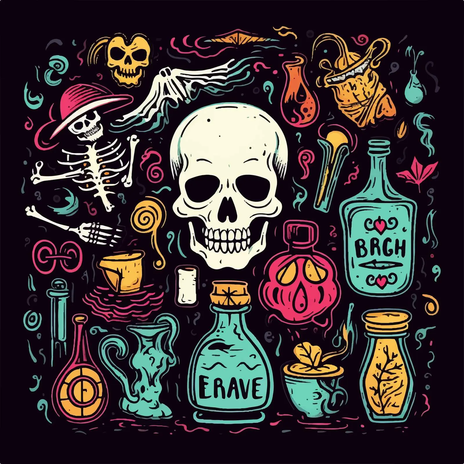 Halloween Magic Potion Bottle and Skull Doodle – free potion image from Dotvec