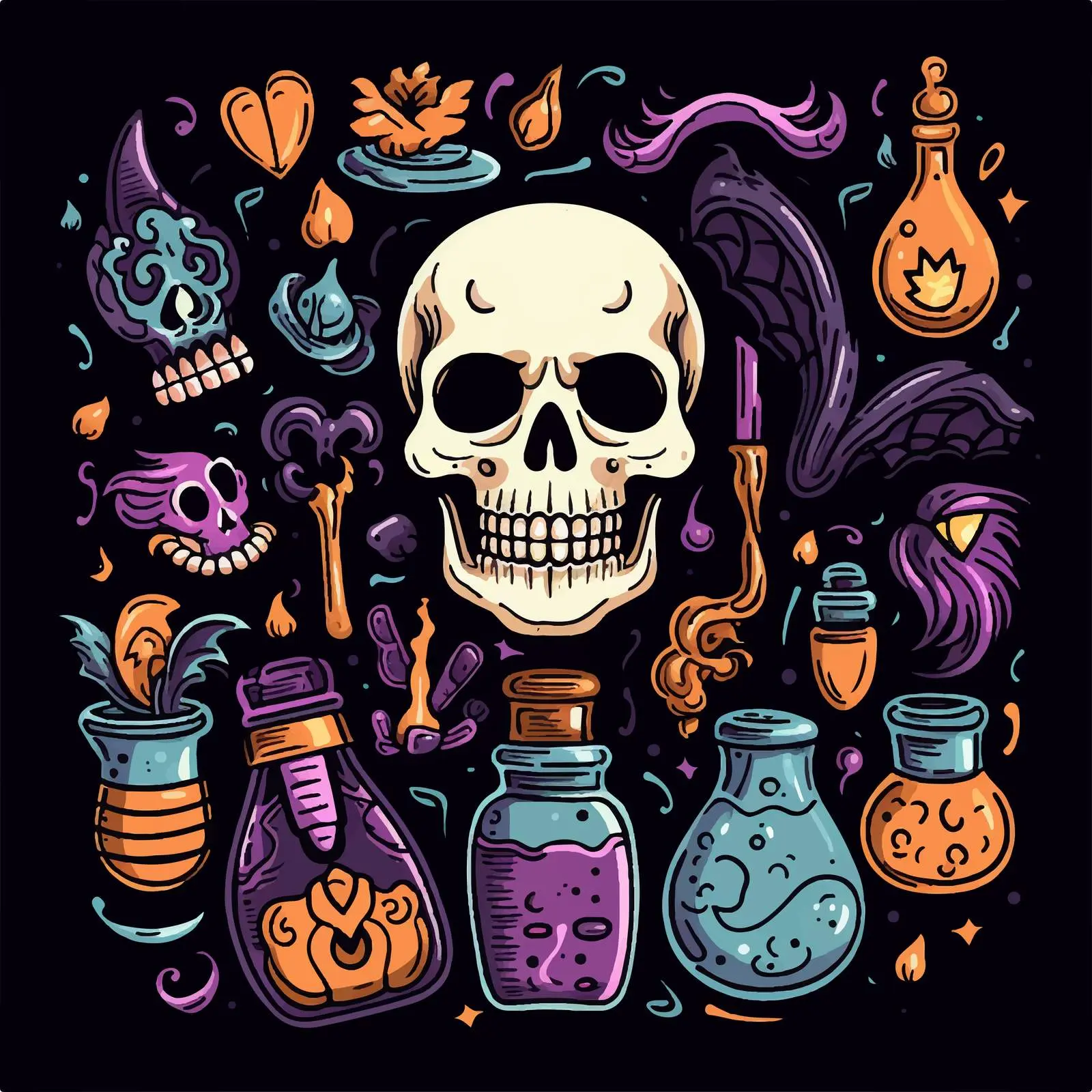 Halloween Magic Potion Bottle and Skull Dagger Doodle — free download from Dotvec