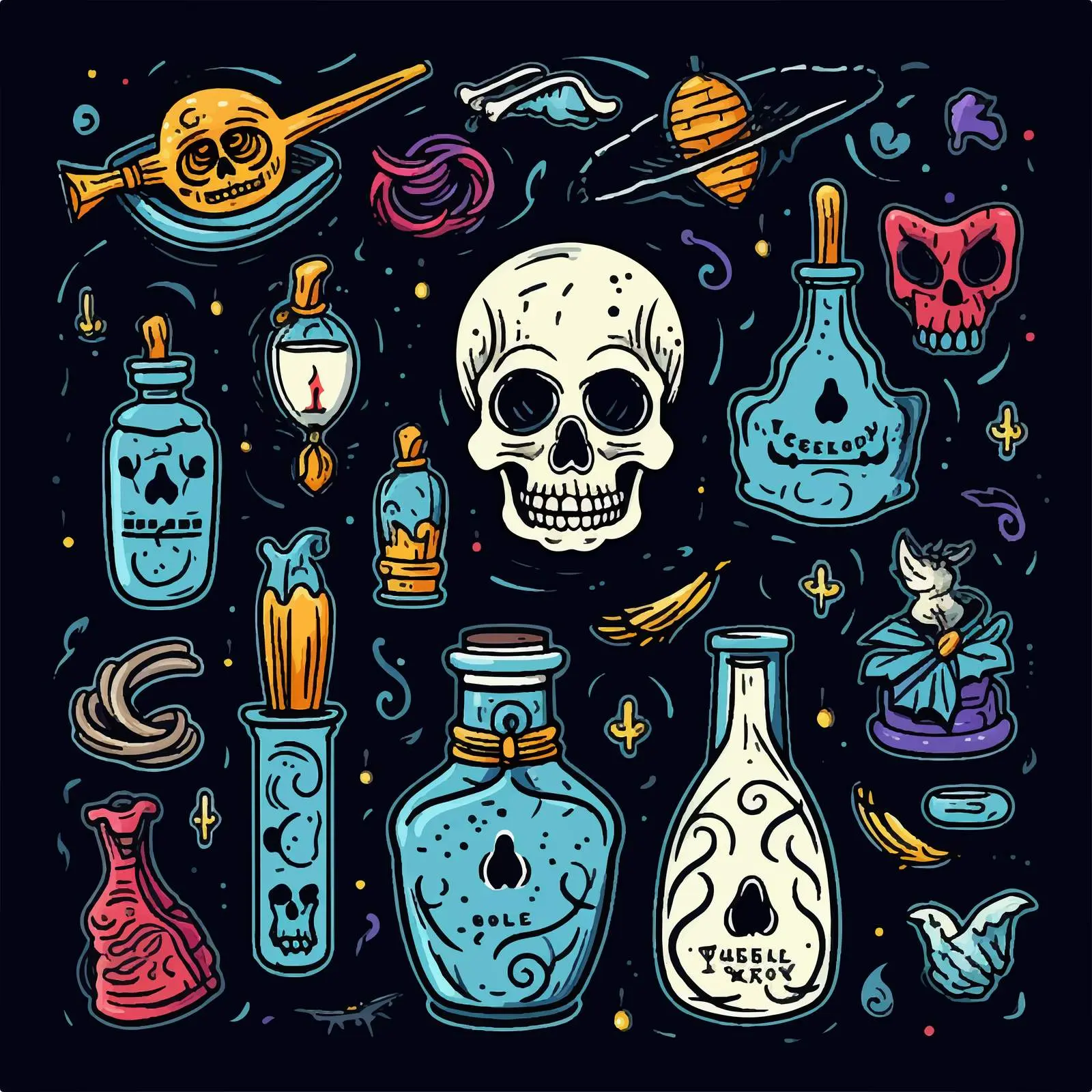 Halloween Potion Bottle and Skull Doodle Vector – free potion image from Dotvec