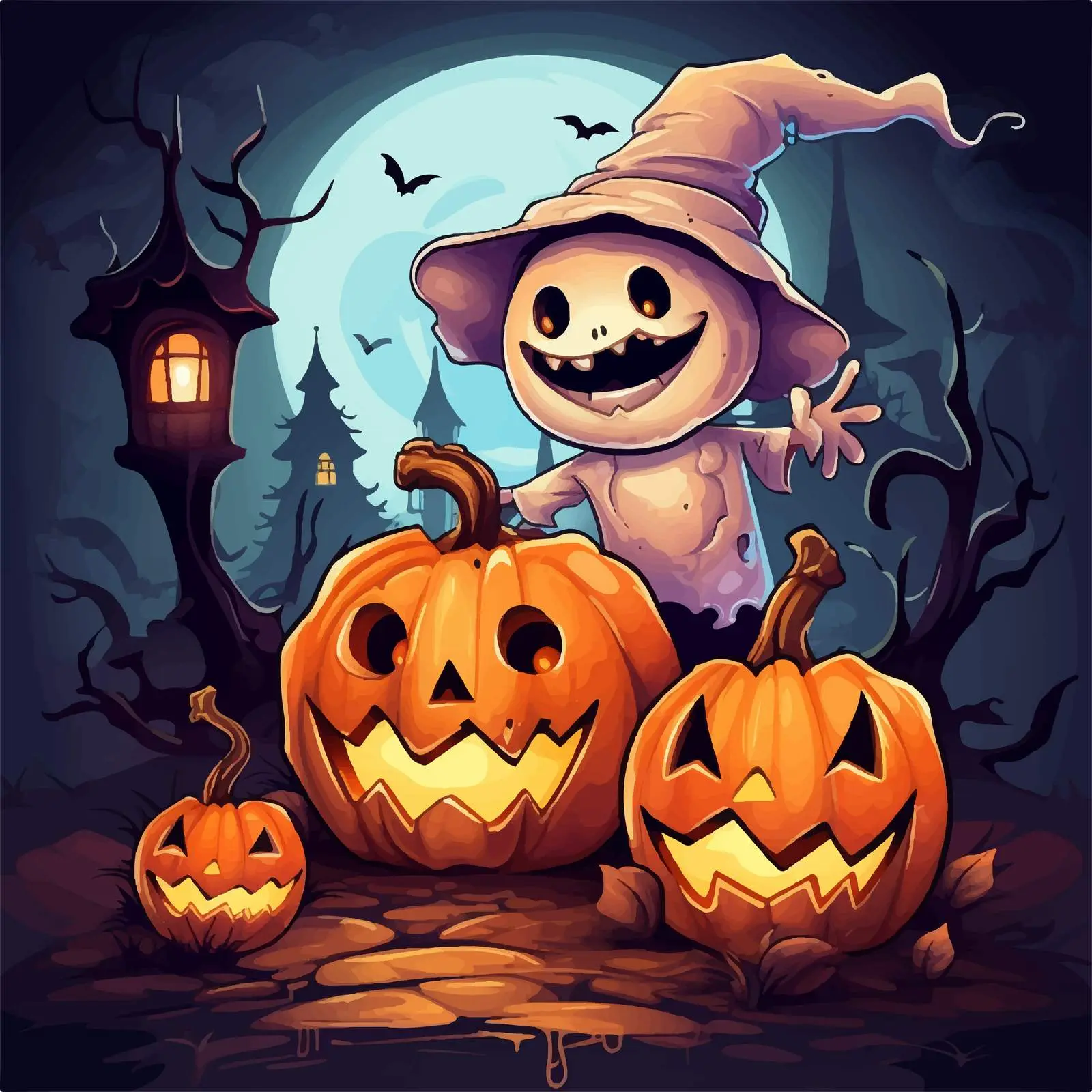 Halloween Scene with Jack-o-Lantern and Ghost — free download from Dotvec
