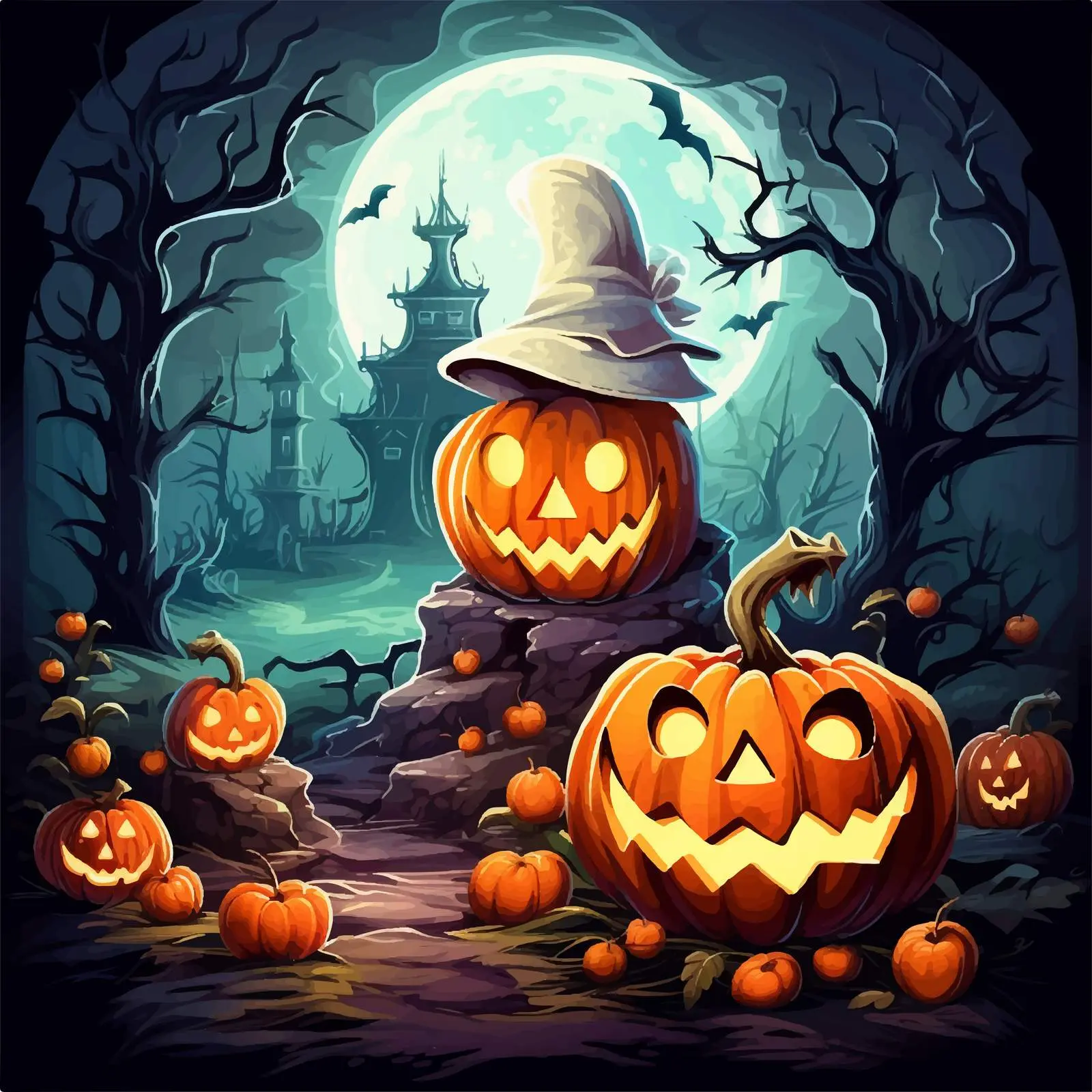Halloween Graveyard Scene with Jack-o-lantern and Ghost — free download from Dotvec