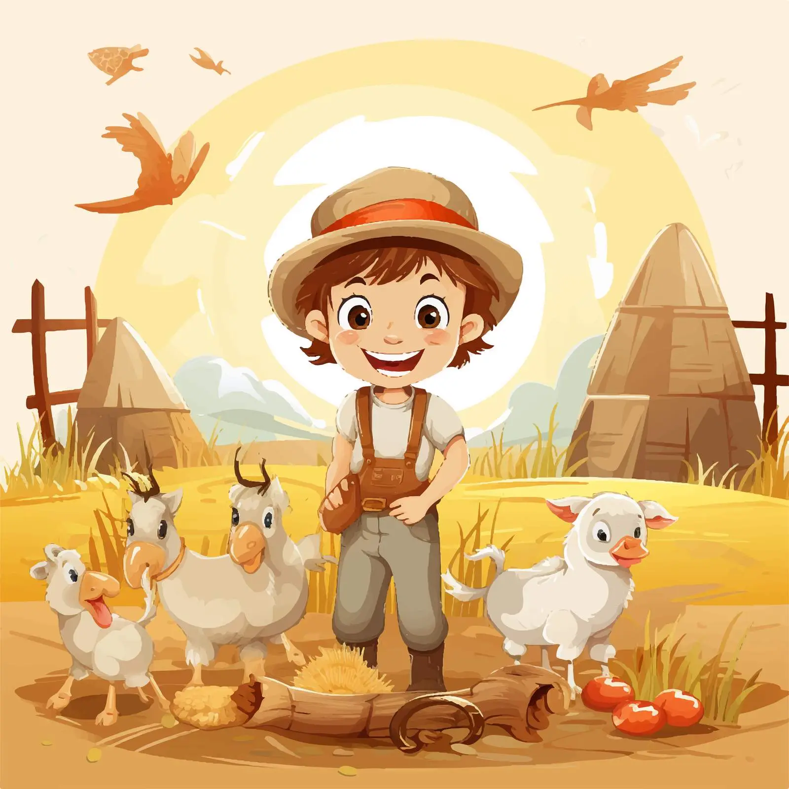 Happy Kid at Farm Cartoon Illustration — free download from Dotvec