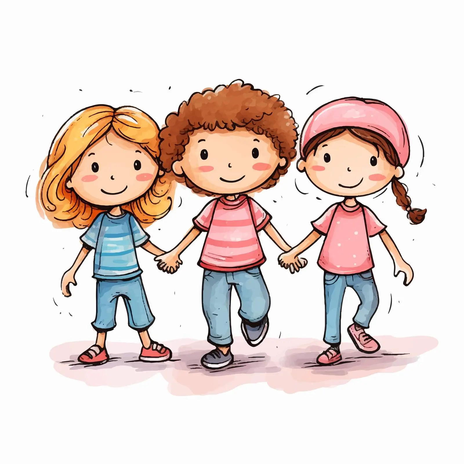 Happy Kids Holding Hands Doodle Illustration — free download from Dotvec