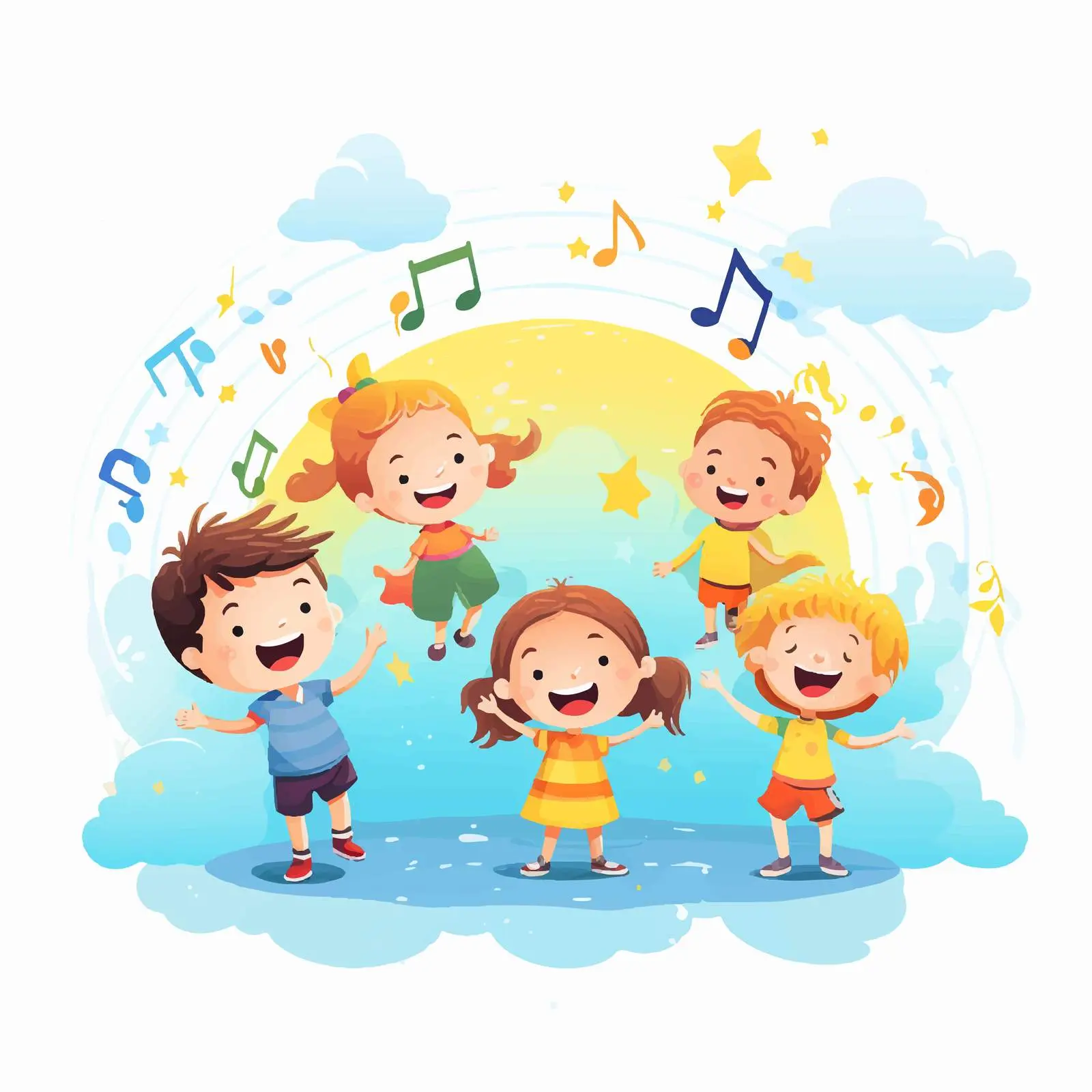 Happy Kids Enjoying Music with Rainbow and Symbols — free download from Dotvec