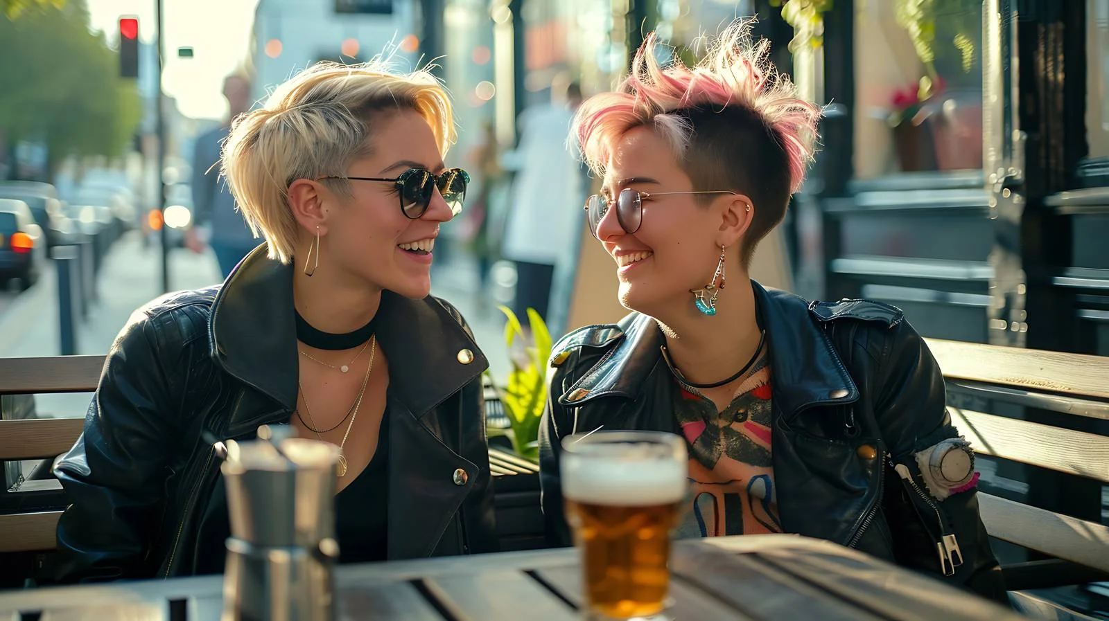 Cheerful lesbian partners at urban outdoor cafe — free download from Dotvec