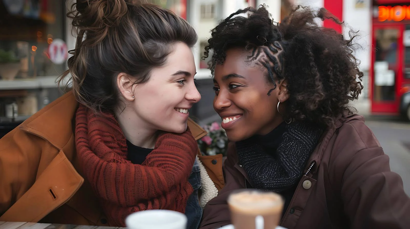 Cheerful lesbian partners at urban outdoor cafe — free download from Dotvec