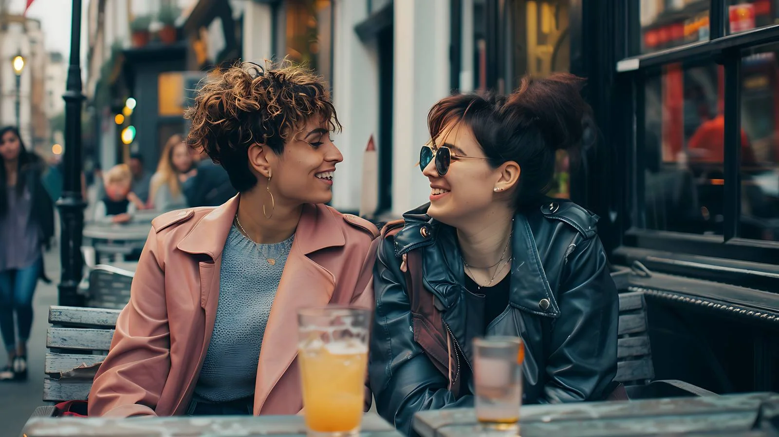 Joyful lesbian partners at urban café — free download from Dotvec