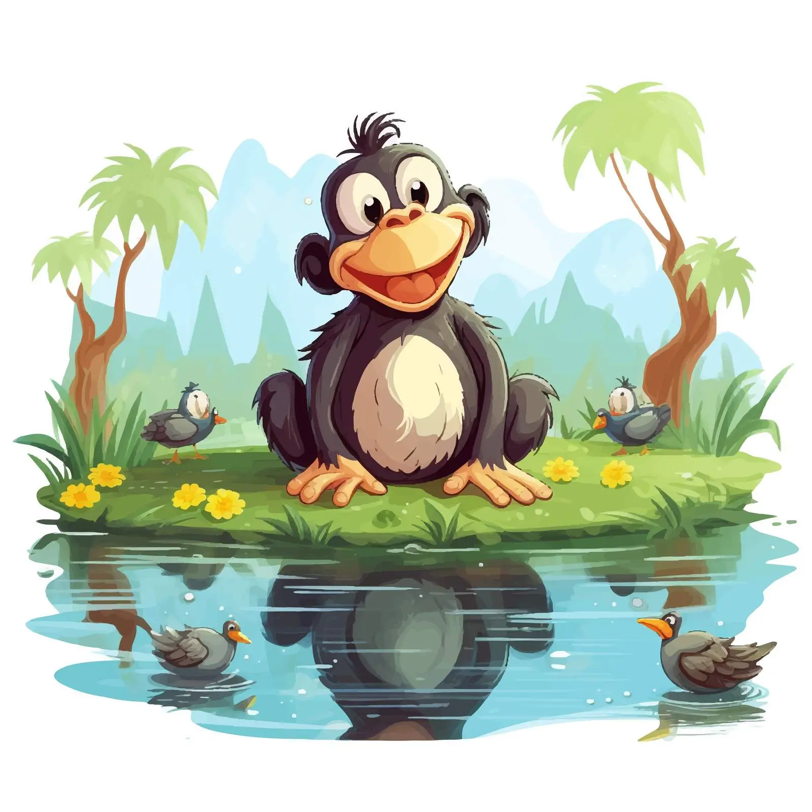 Happy Monkey by a Pond with Ducks — free download from Dotvec