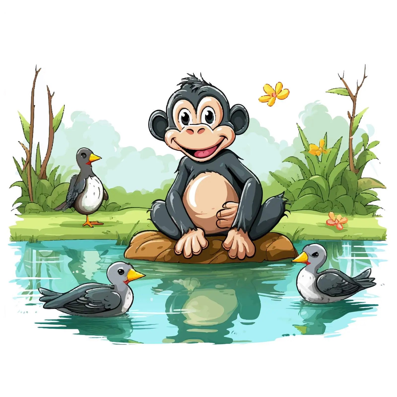Happy Monkey by Pond with Ducks Vector Art – free animal scene image from Dotvec