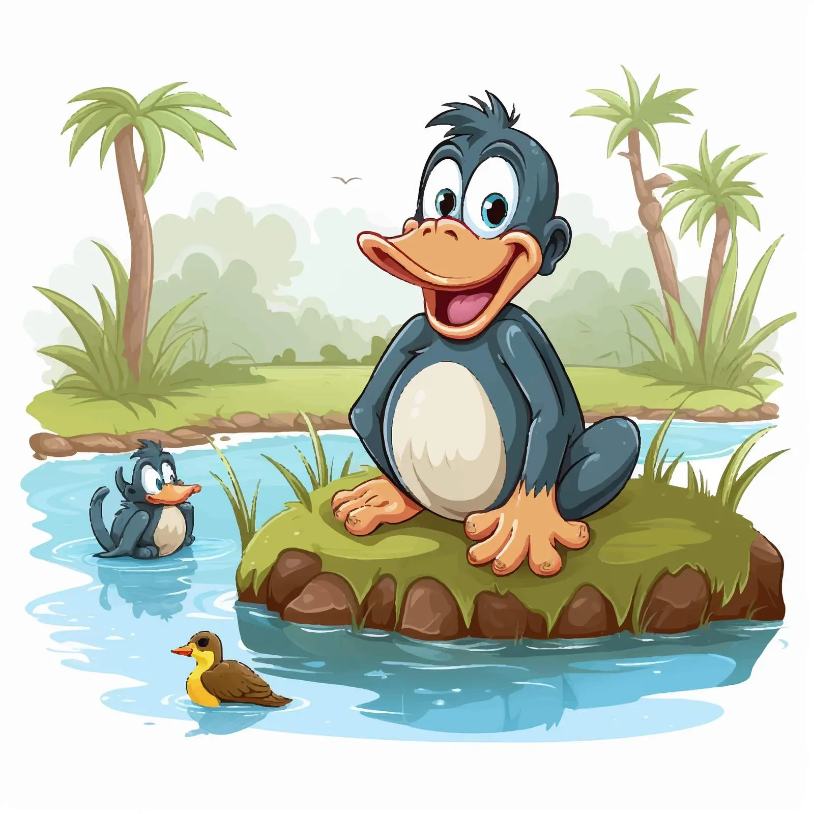 Happy Monkey by Pond with Ducks Vector — free download from Dotvec