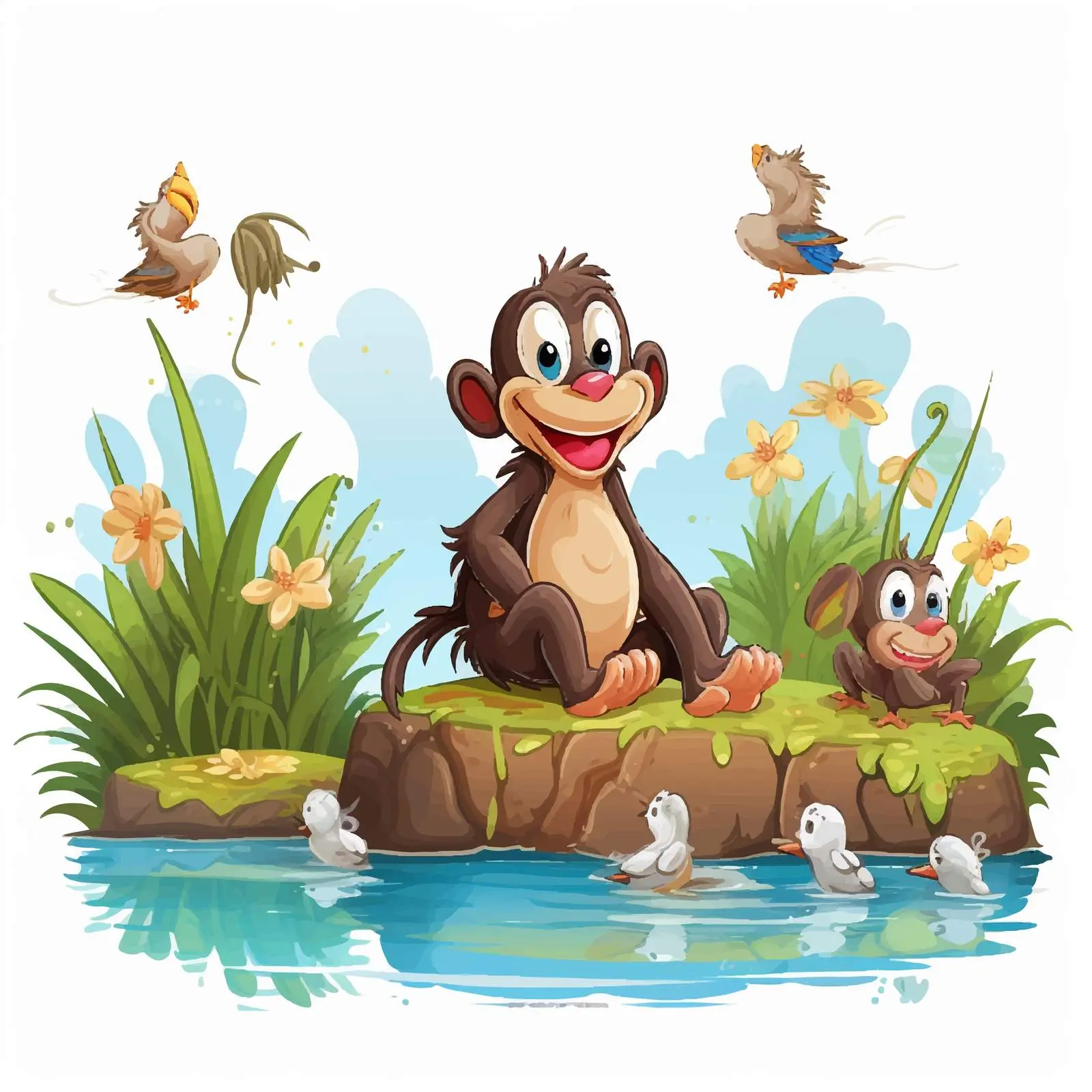 Happy Monkey by Pond with Ducks Vector — free download from Dotvec