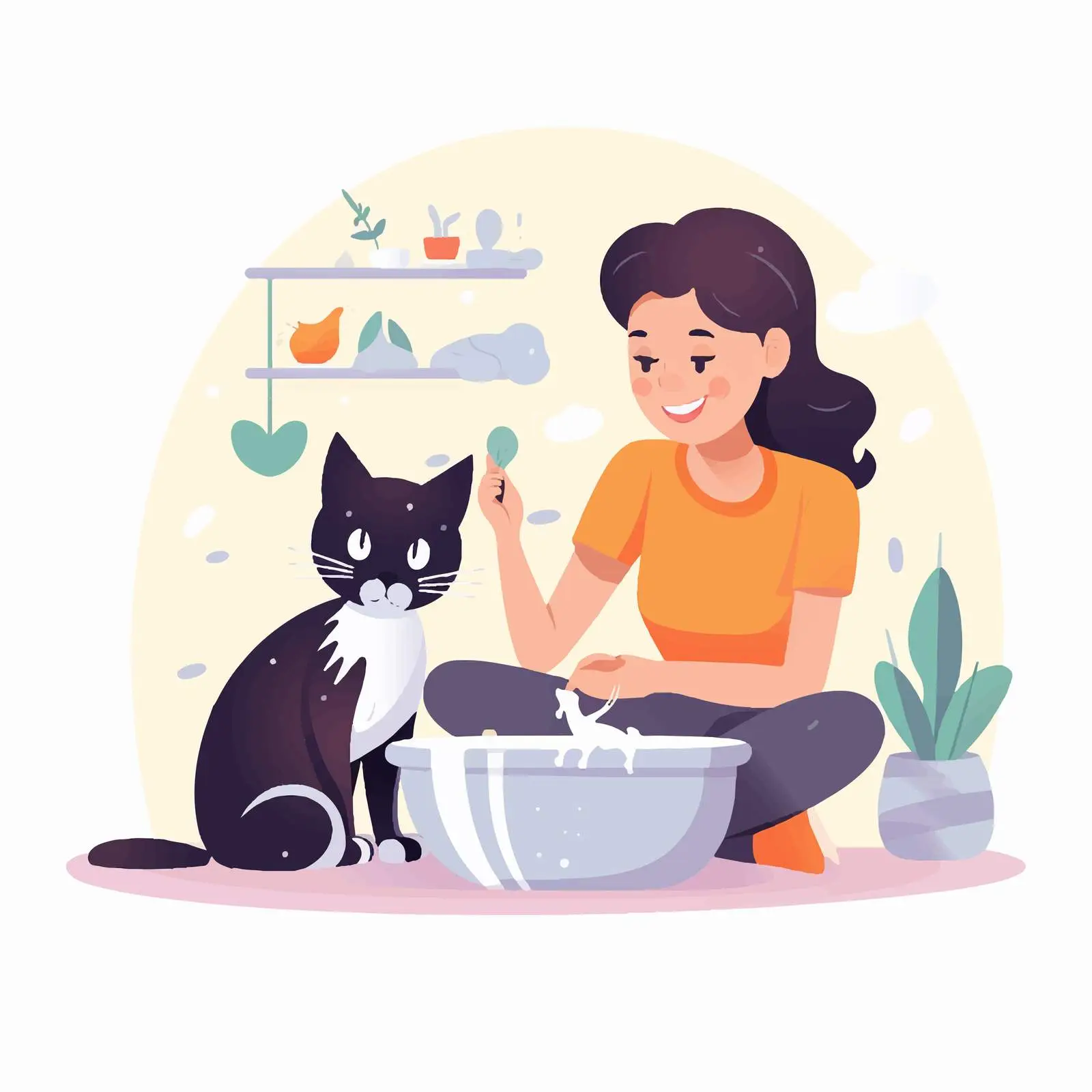 Mother and Daughter Playfully Washing Cat — free download from Dotvec