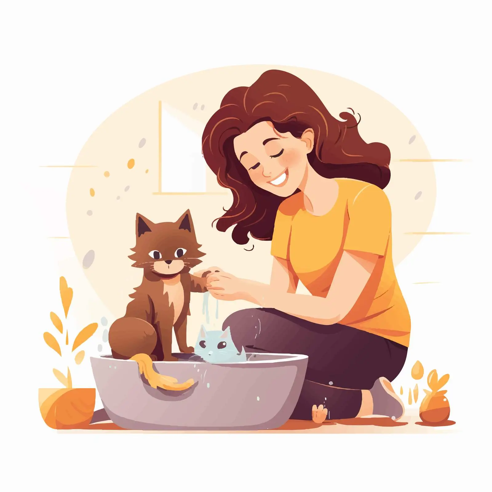Mother and Daughter Washing a Cat at Home – free joyful interaction image from Dotvec