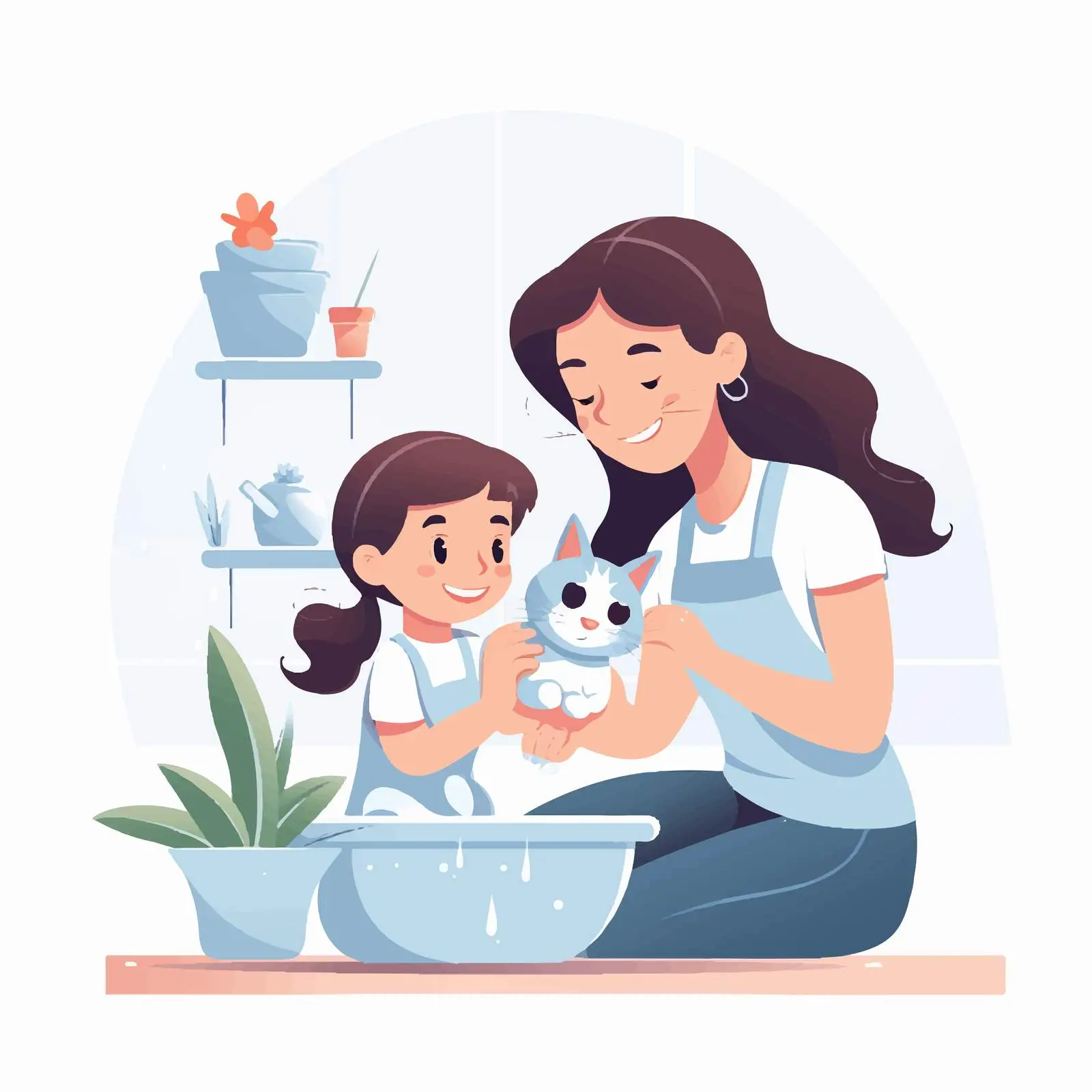 Mother and Daughter Washing Cat at Home — free download from Dotvec