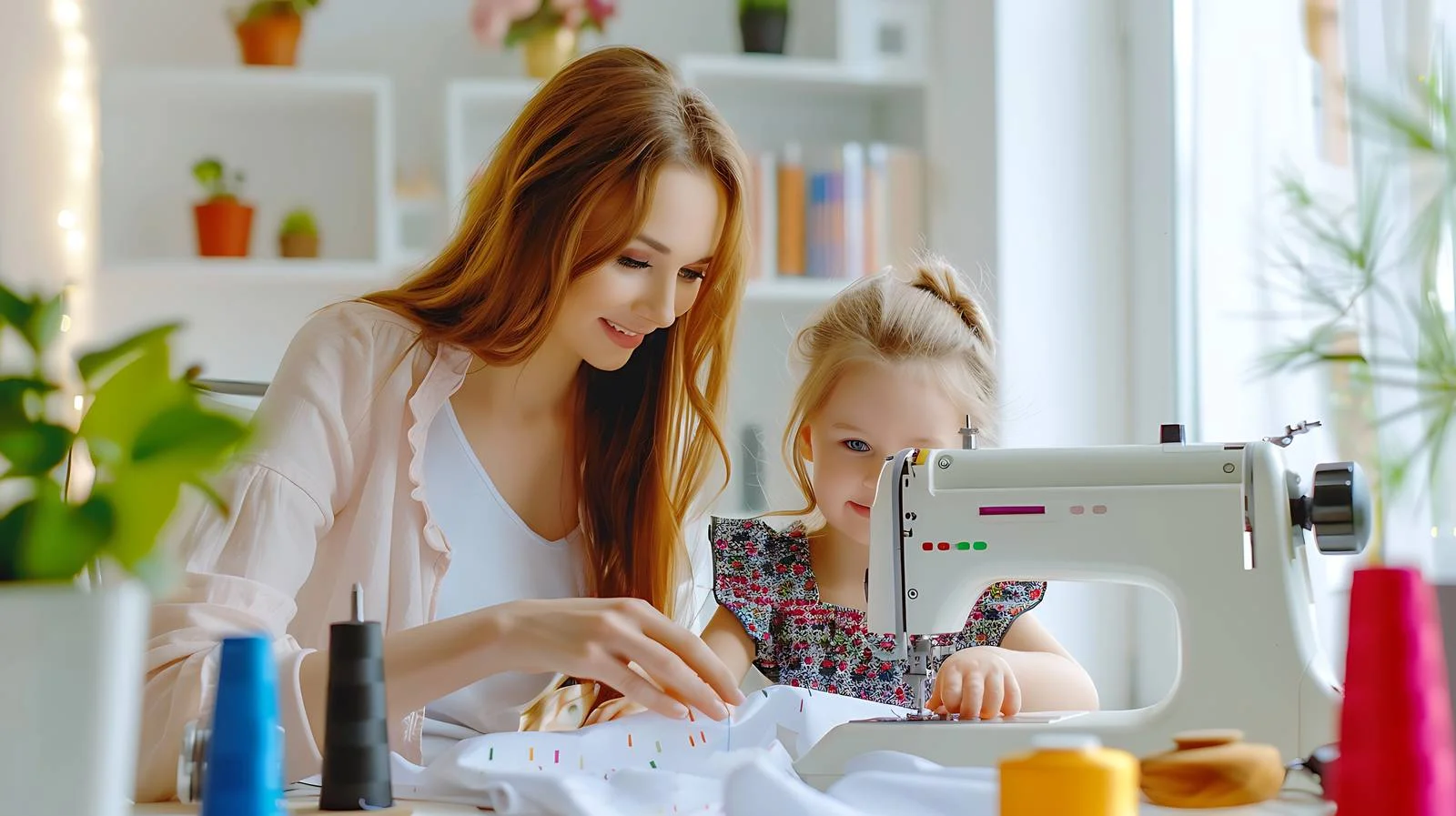 Mother and Daughter Sewing Together at Home — free download from Dotvec