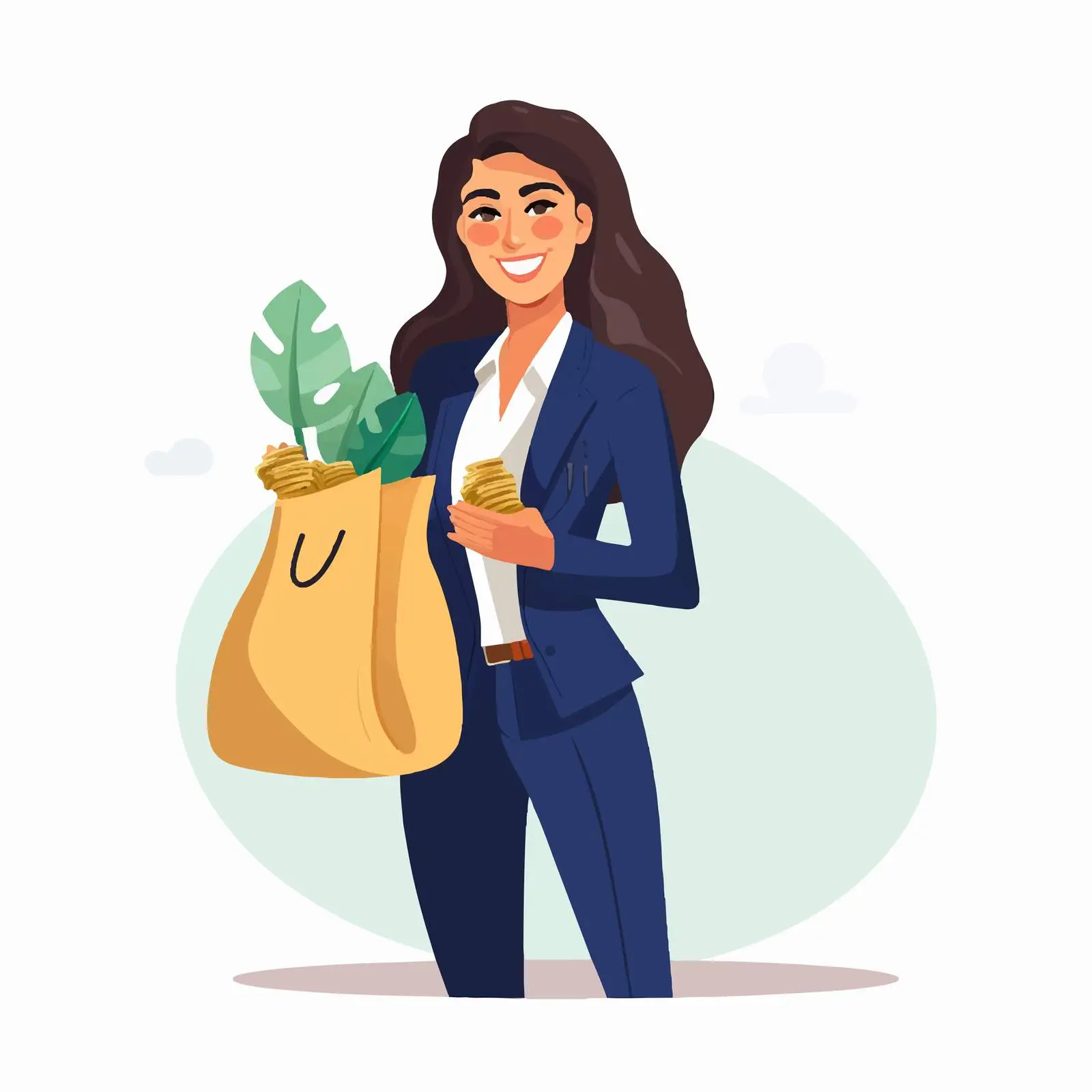 Happy Rich Woman with Money Bag Vector — free download from Dotvec