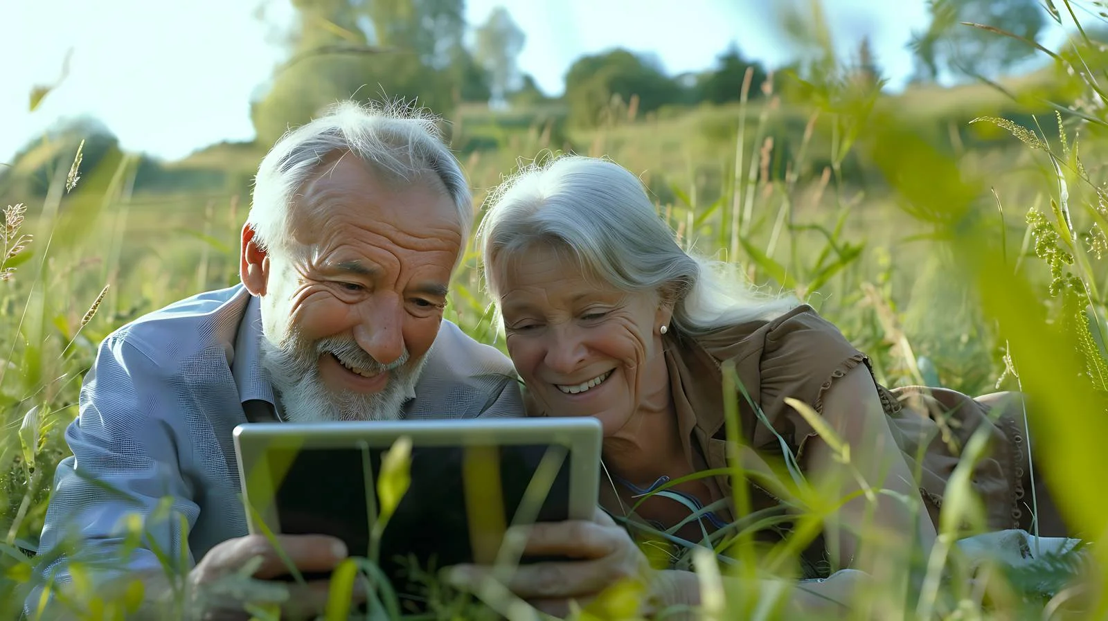 Joyful senior couple using tablet outdoors — free download from Dotvec