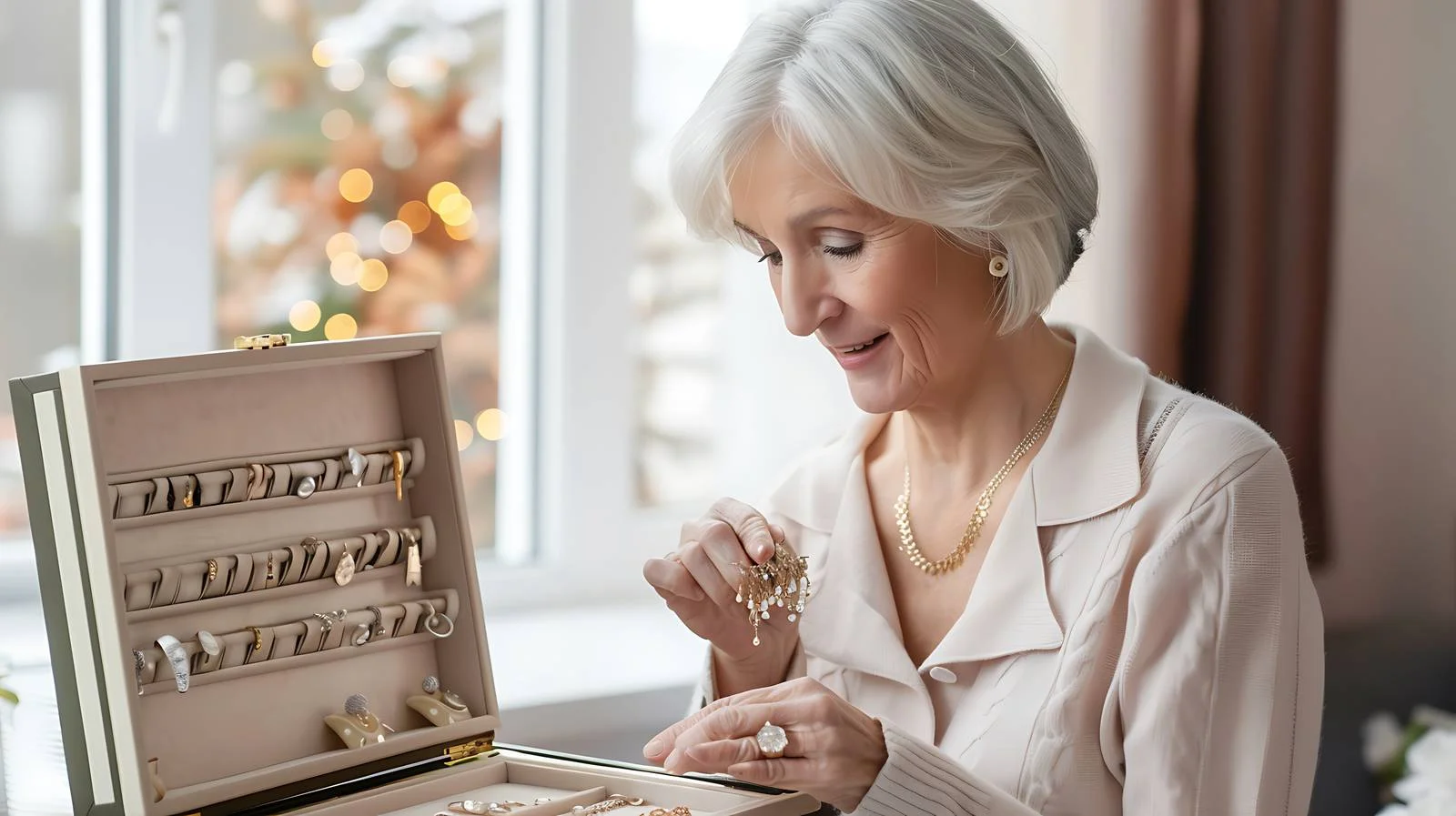 Joyful Senior Lady Admiring Jewelry Collection — free download from Dotvec