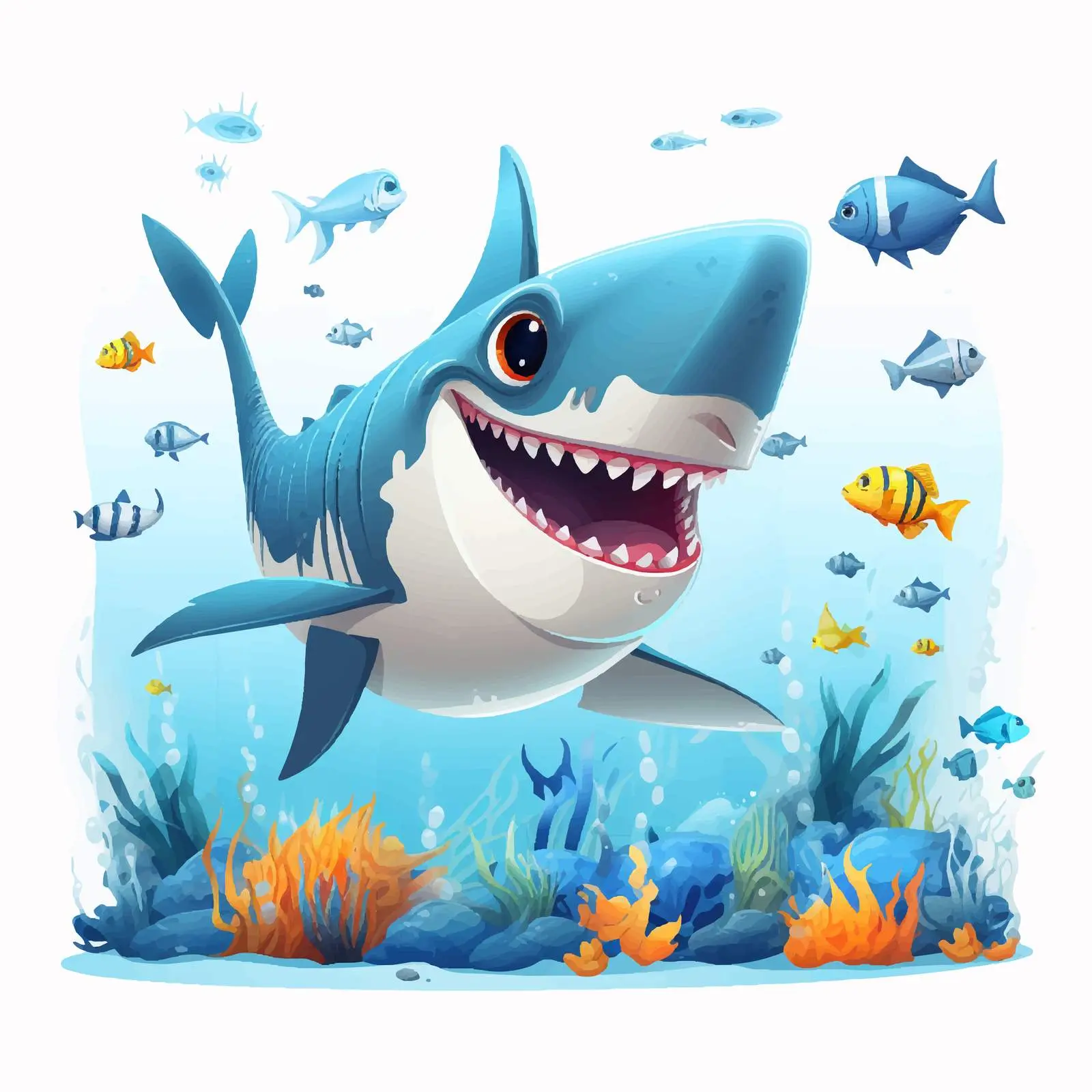 Happy Shark Cartoon Character in Underwater Scene – free underwater design image from Dotvec