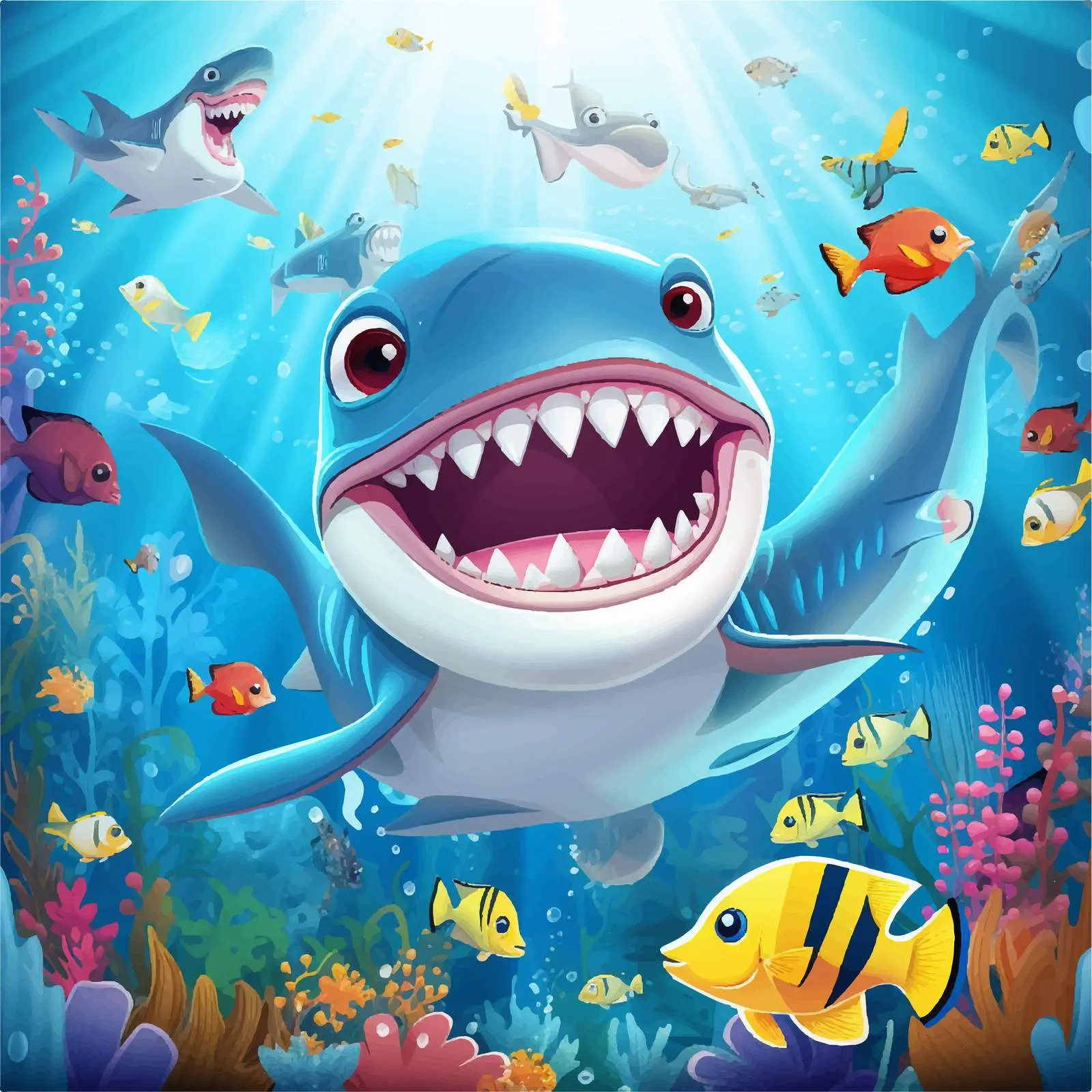 Happy Shark Cartoon Character Underwater Scene — free download from Dotvec