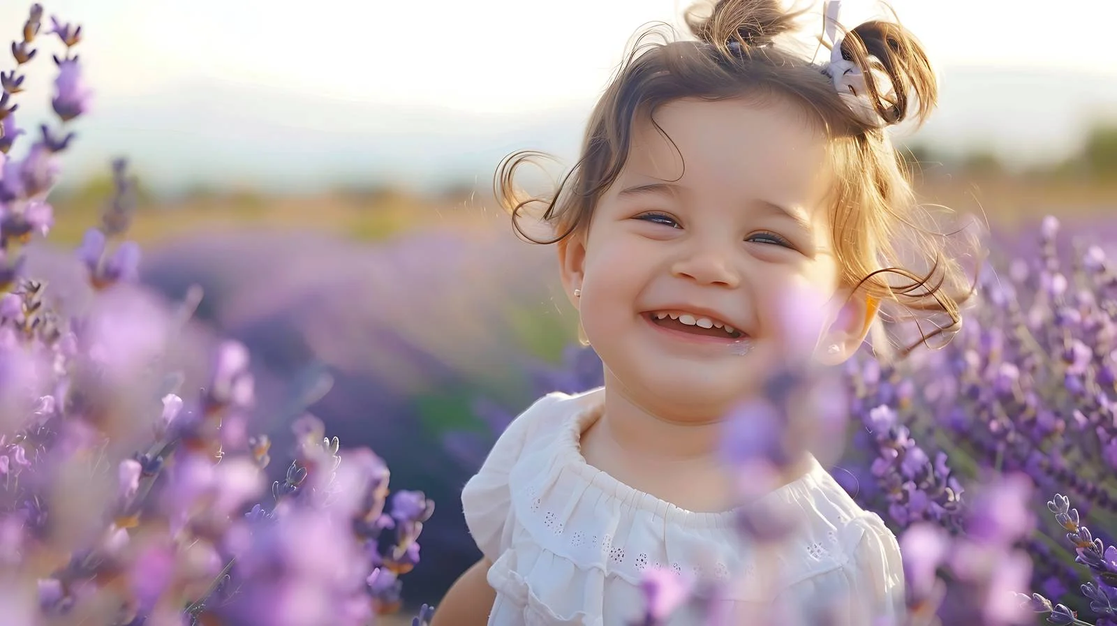 Joyful child in lavender field under blue sky — free download from Dotvec