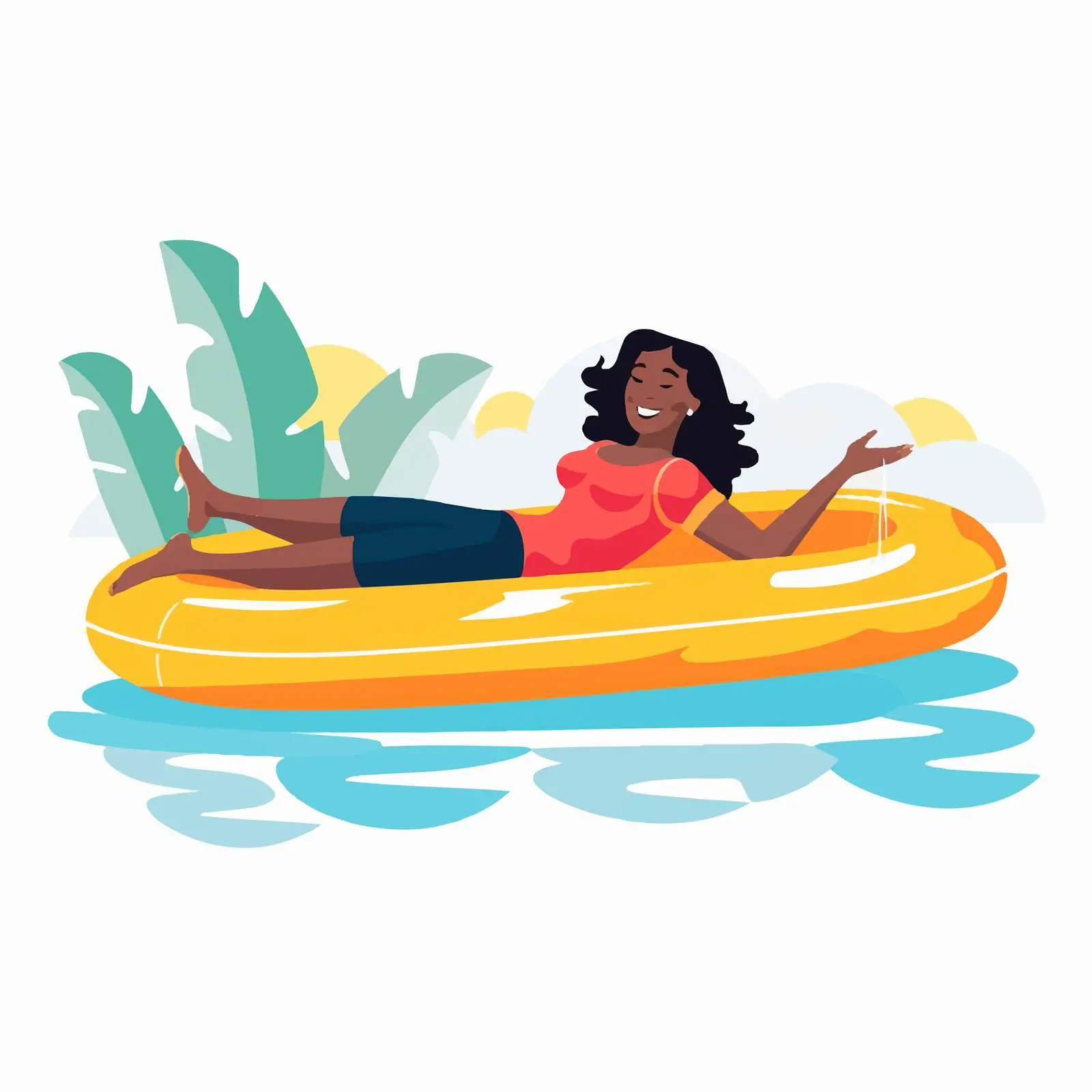 Joyful Woman Relaxing on Inflatable Banana — free download from Dotvec