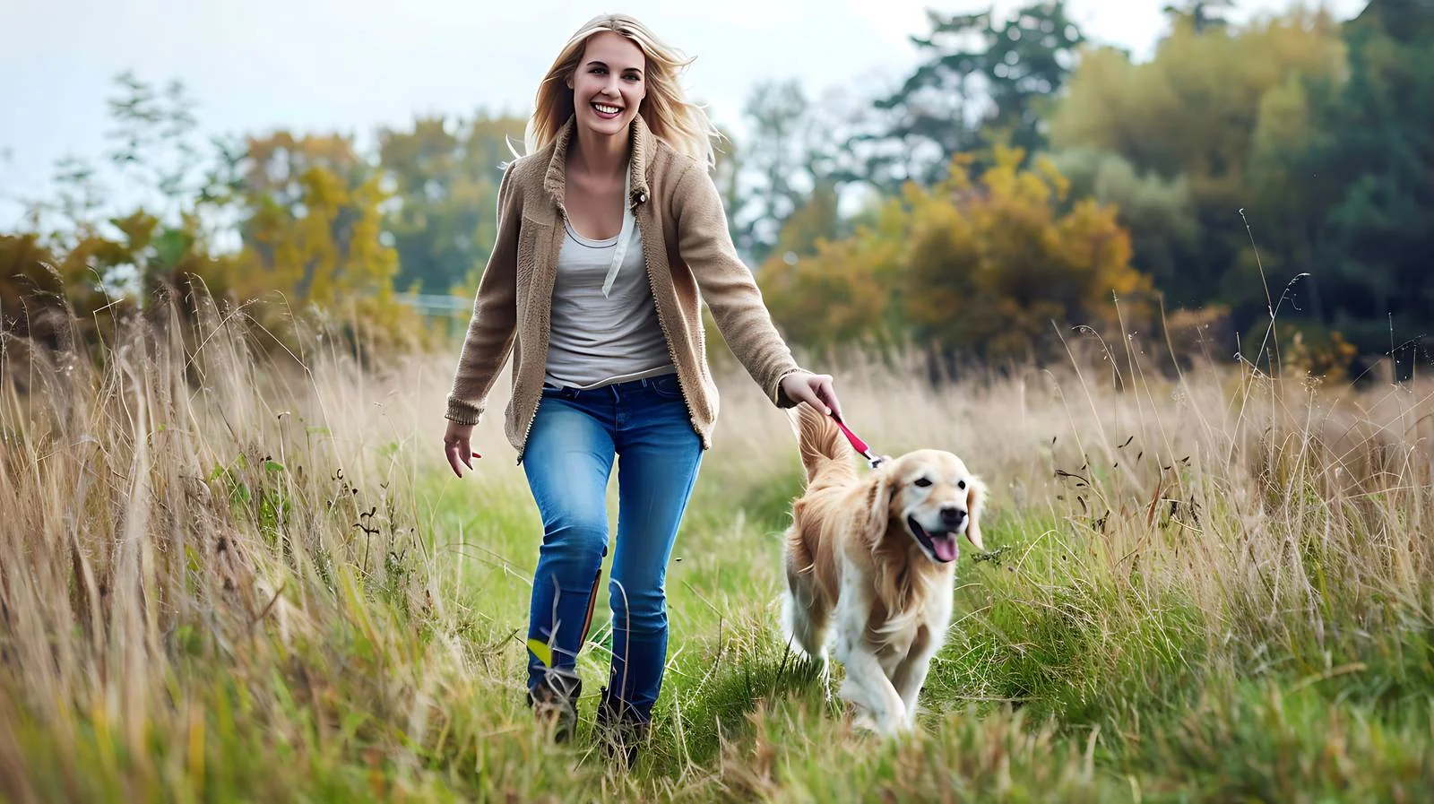 Woman Walking Dog in Field — free download from Dotvec