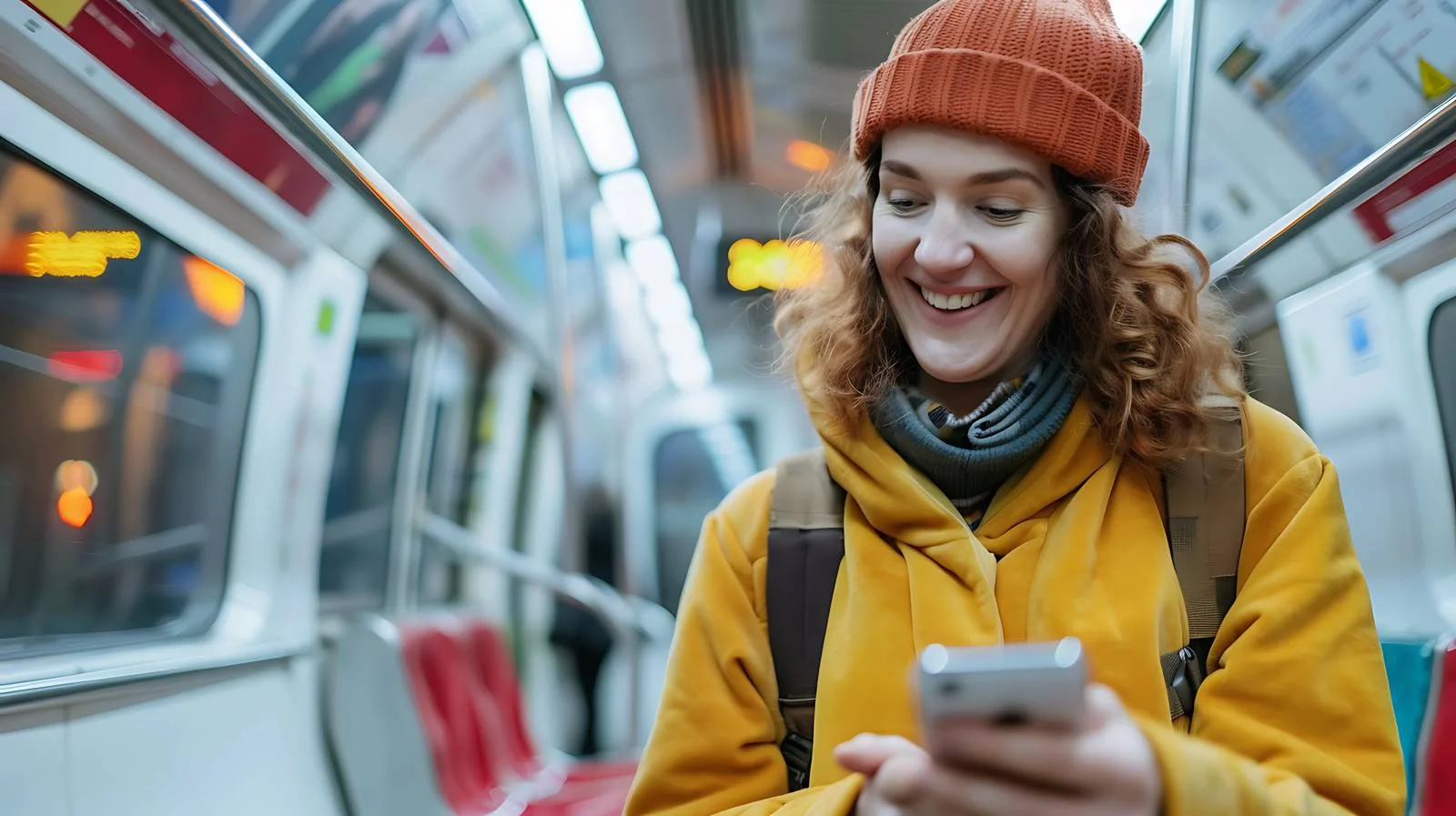 Joyful woman using phone in subway — free download from Dotvec