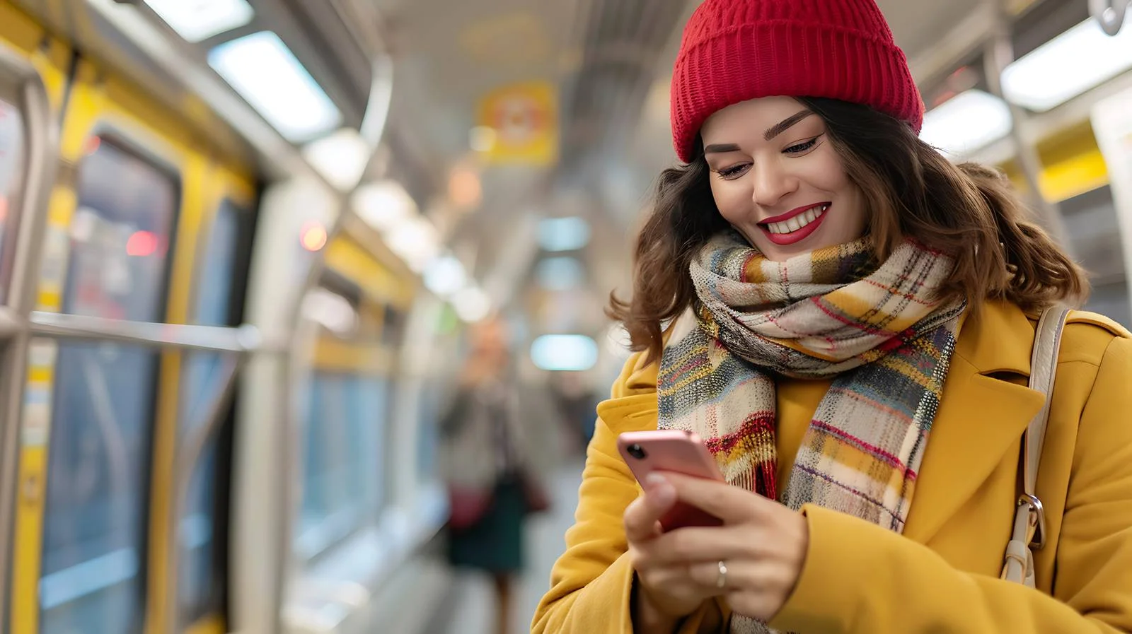 Joyful woman checking phone in subway — free download from Dotvec