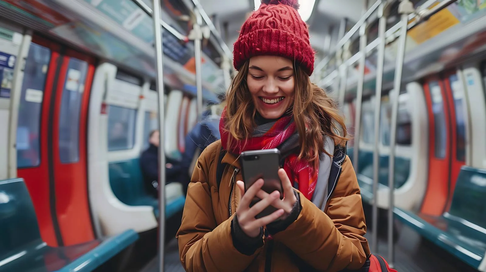 Cheerful Woman Checking Phone on Subway Platform — free download from Dotvec