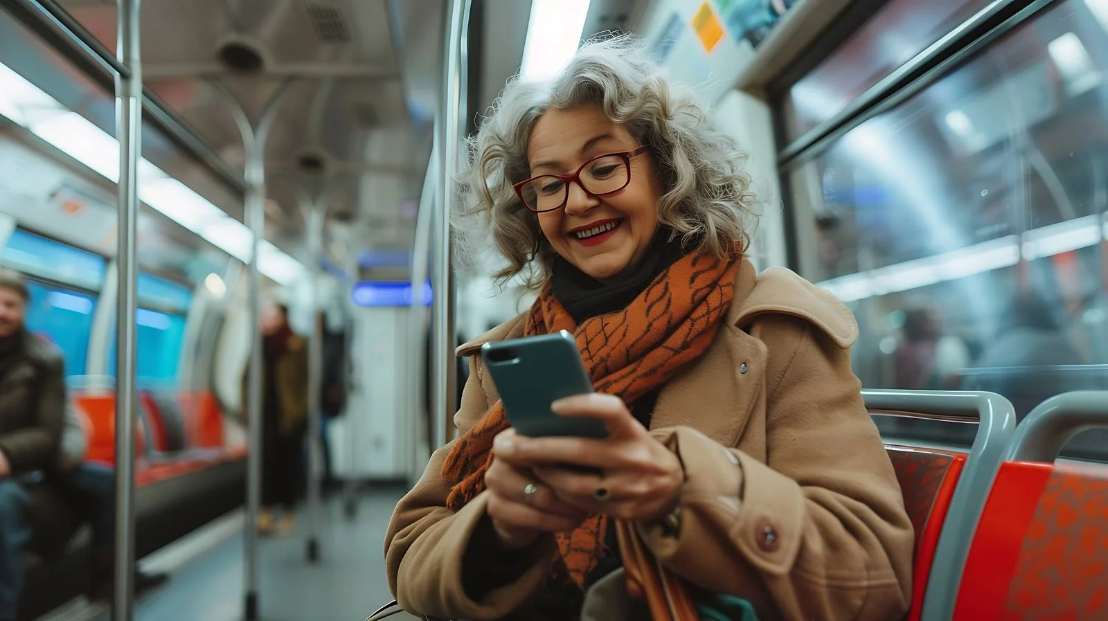 Joyful Woman in Subway Using Cellphone — free download from Dotvec