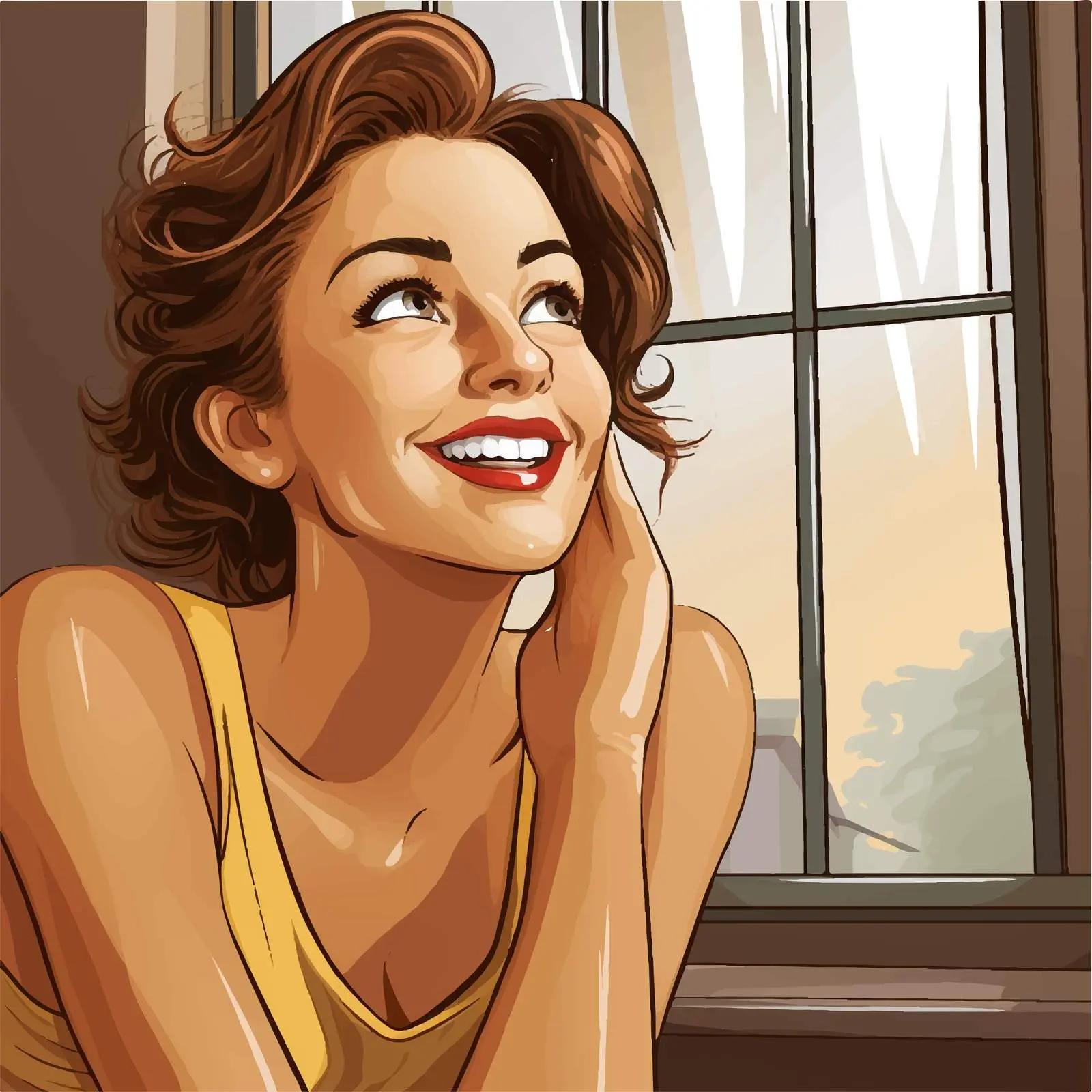 Happy Woman Looking Out from Window Vector — free download from Dotvec