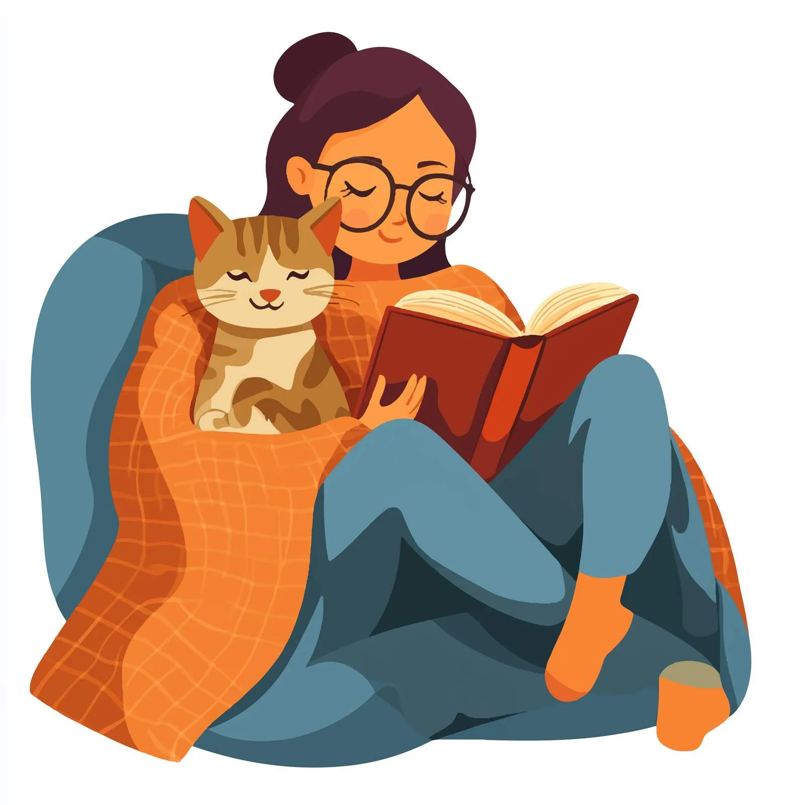 Woman Reading a Book with Cat Resting — free download from Dotvec
