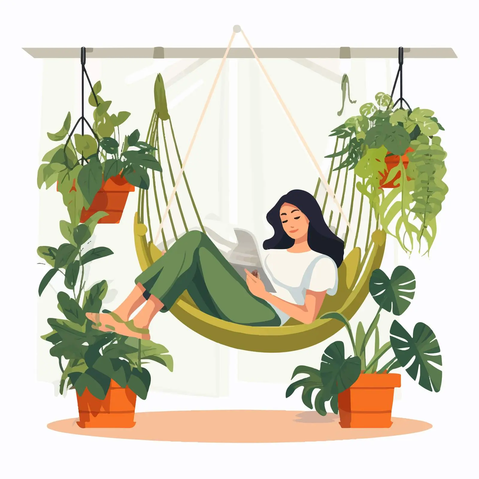 Relaxing Woman in Hammock with Potted Plants — free download from Dotvec