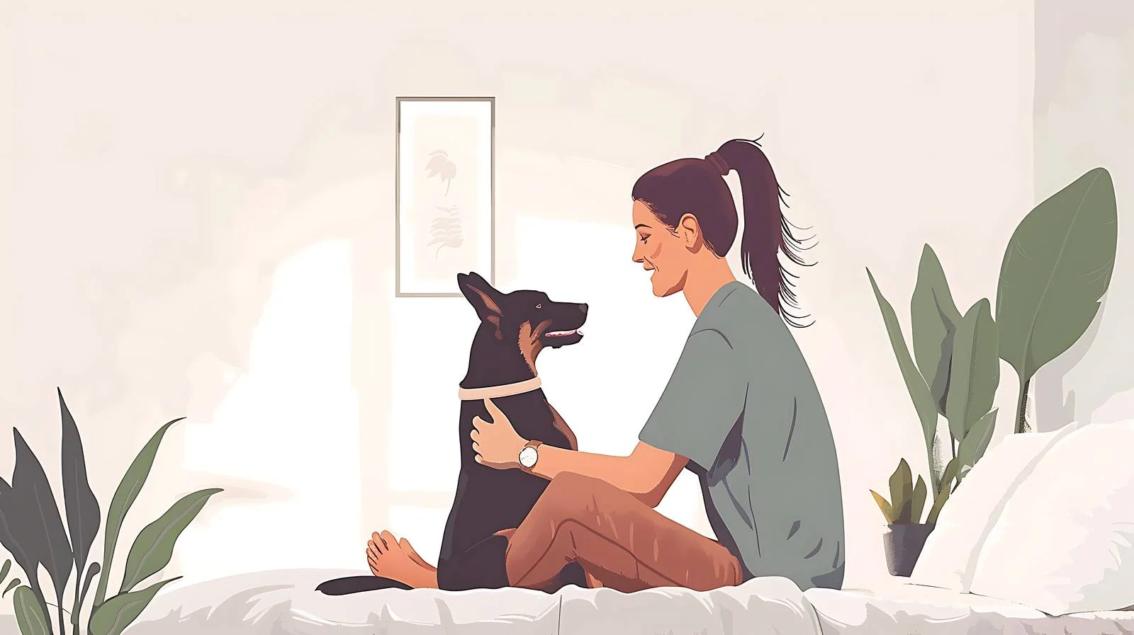 Joyful Woman with Dog on Bed — free download from Dotvec