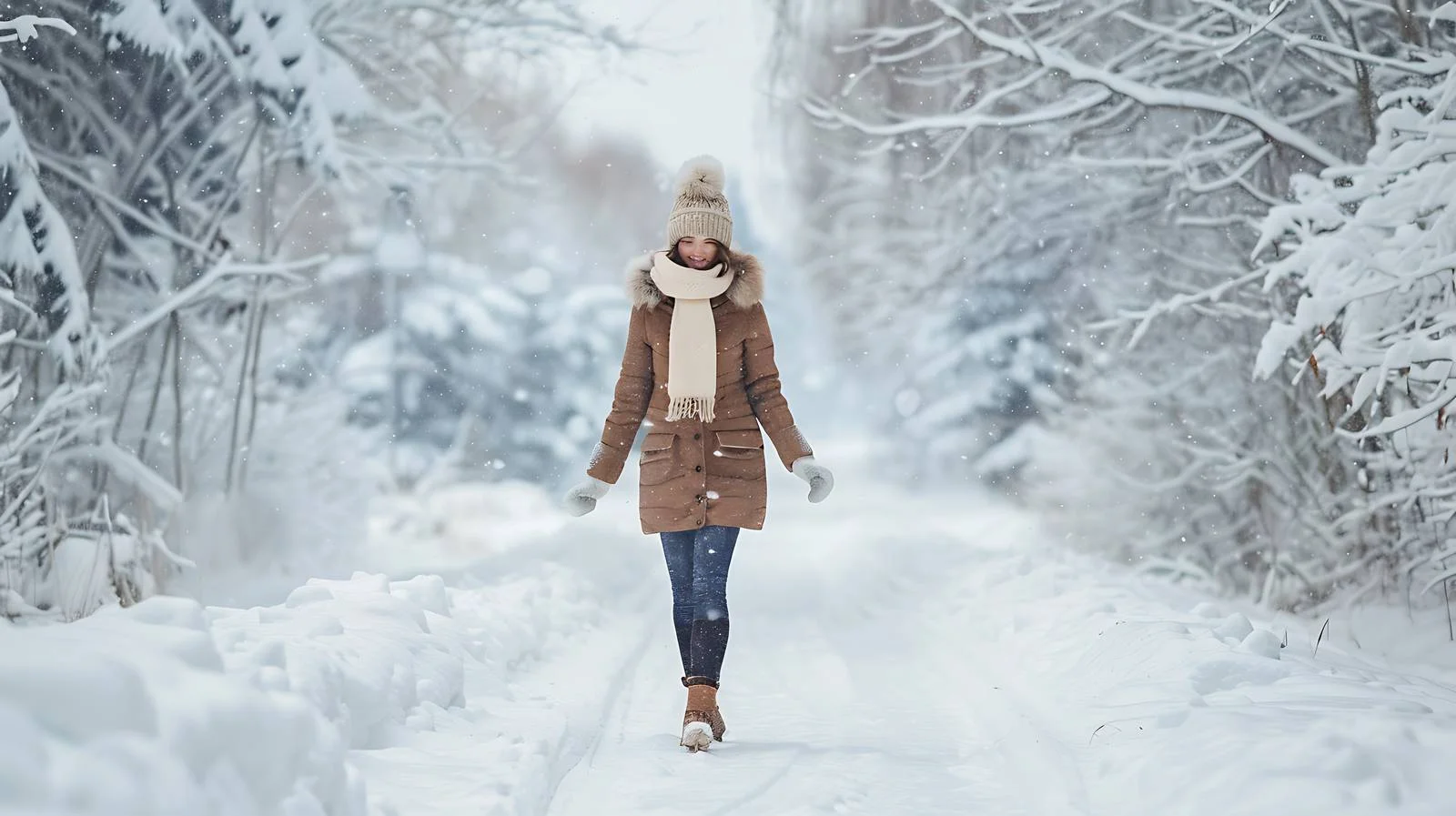 Joyful woman strolling in snowy wilderness — free download from Dotvec