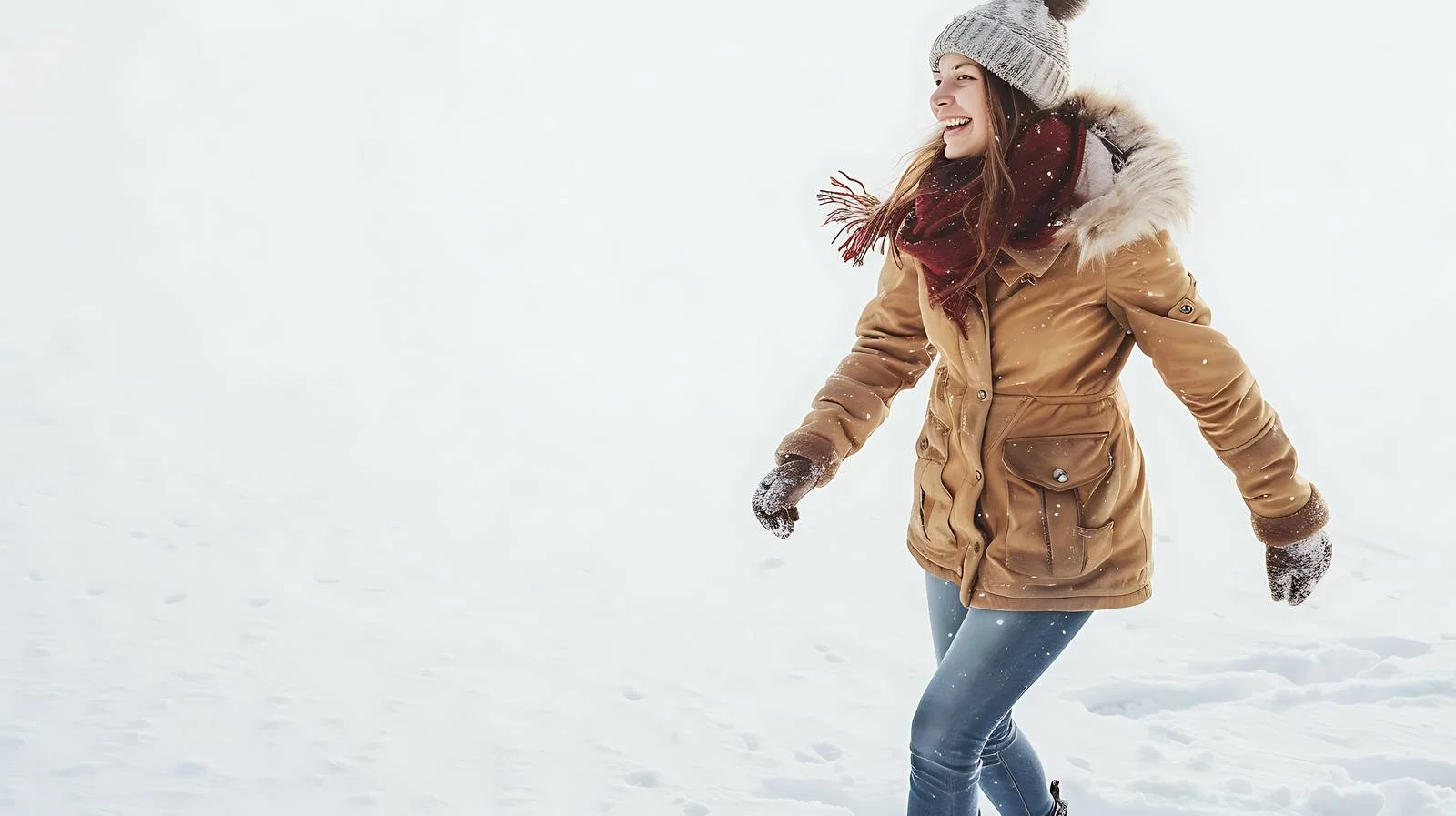 Joyful lady strolling in snowy wilderness — free download from Dotvec
