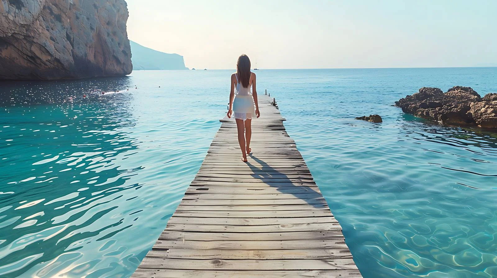 Joyful woman strolling on Mallorca pier — free download from Dotvec