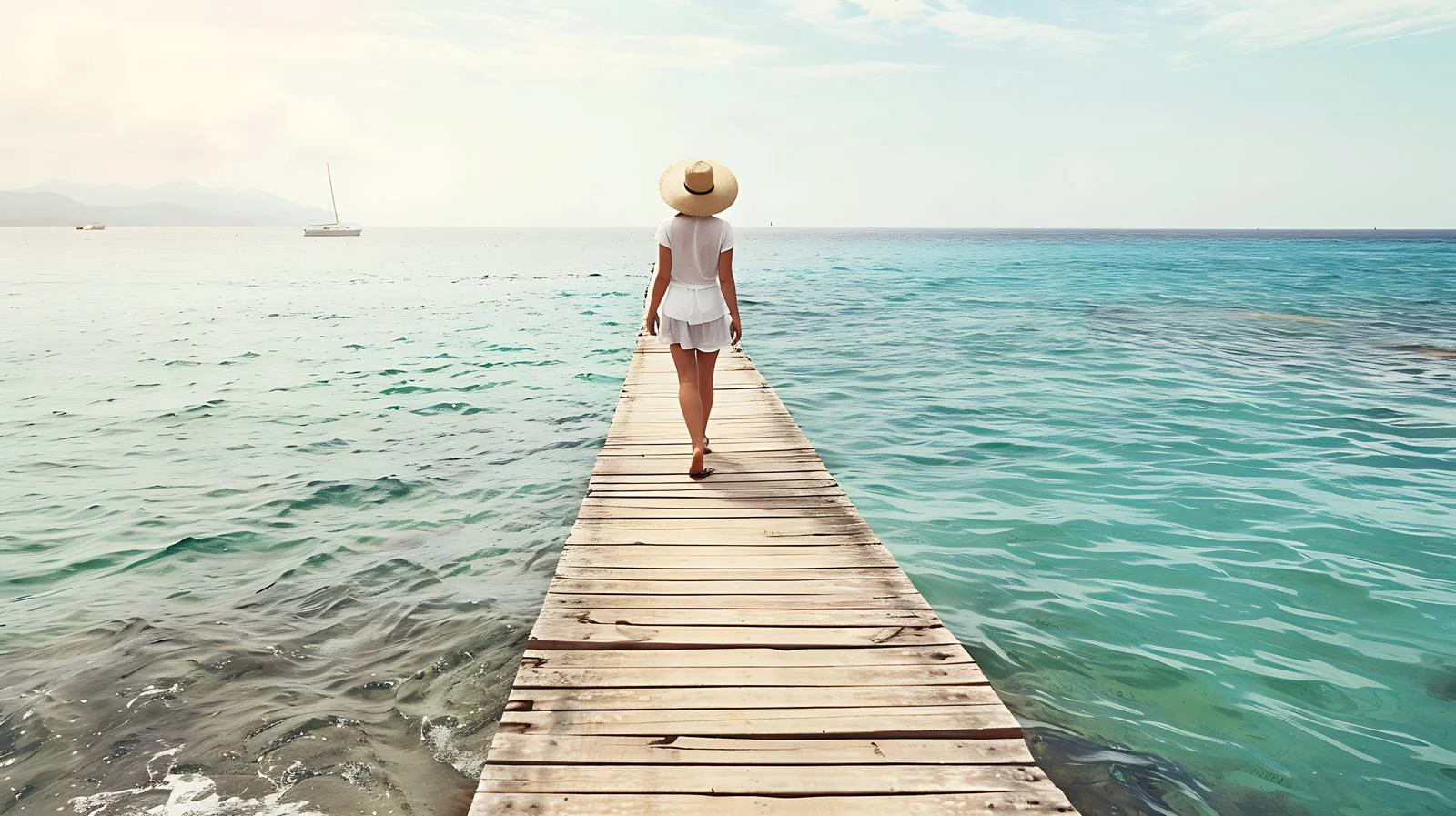 Joyful lady strolling on Mallorca dock — free download from Dotvec